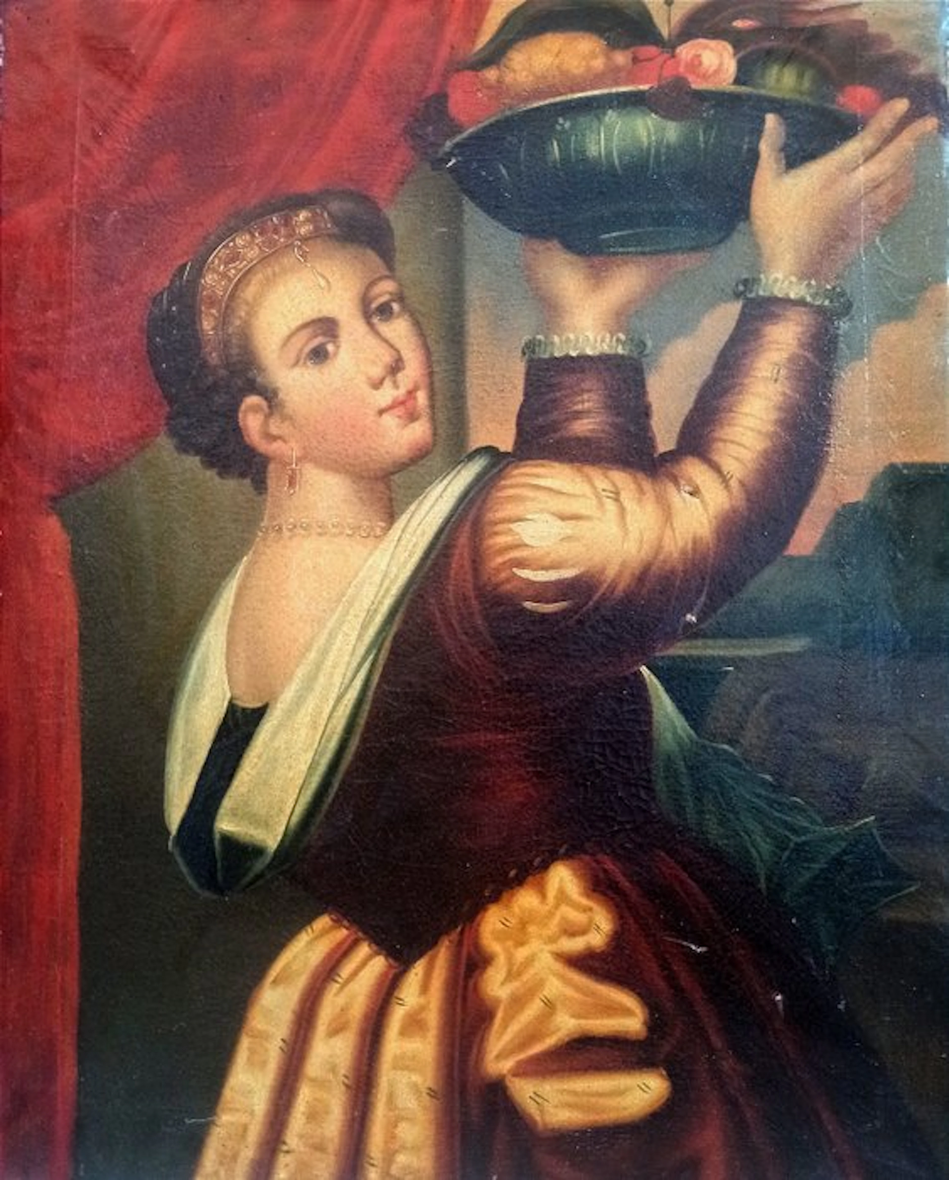 Scuola italiana (XIX), Da Tiziano Vecellio - Ragazza con cesto di frutta
