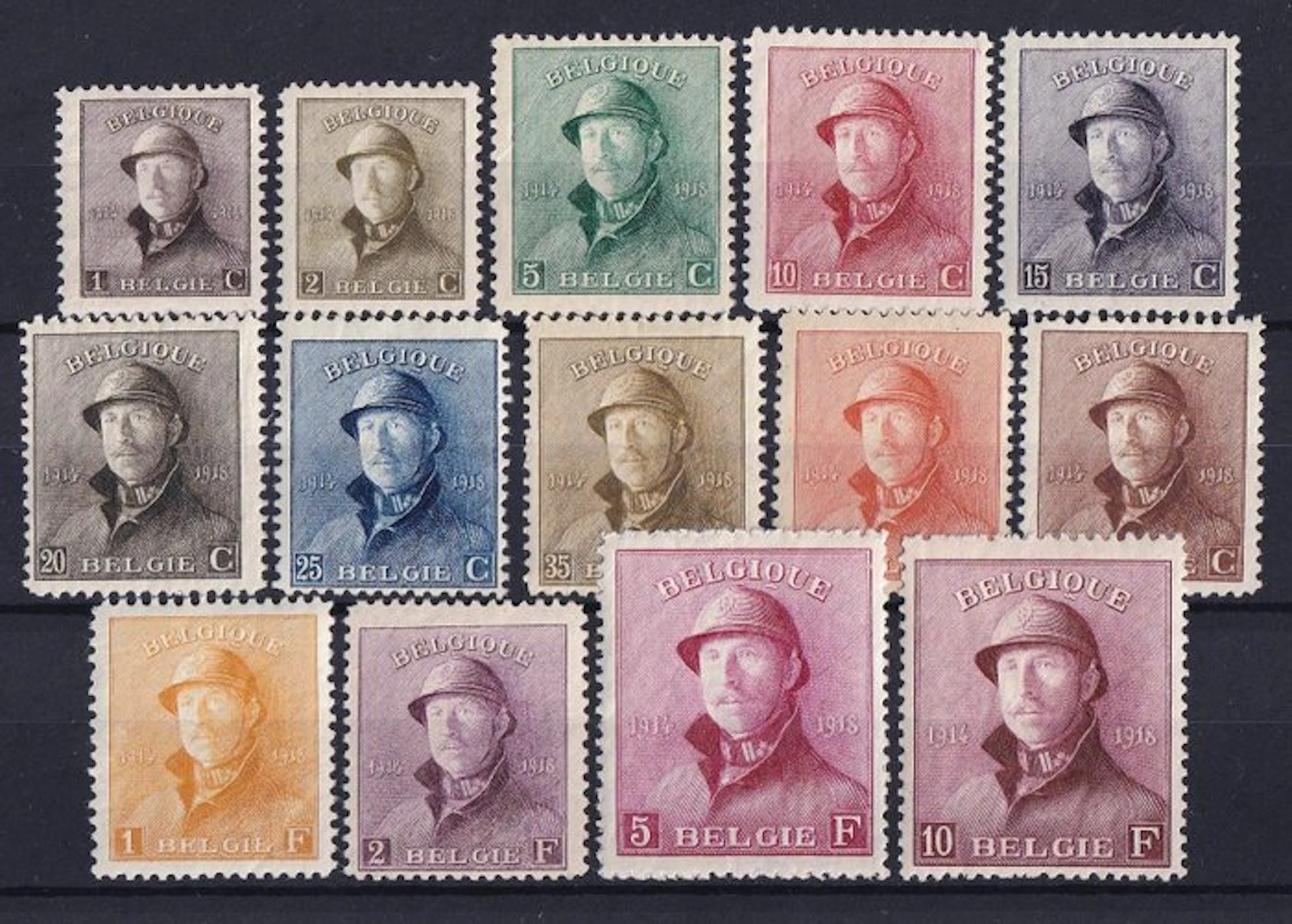 Belgium 1919 - Albert I with helmet - the complete series - OBP/COB 165/78