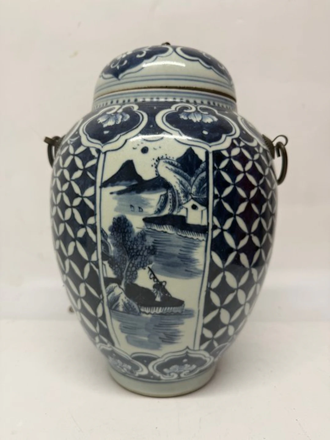 White and blue porcelain vase with lid - Landscape and...