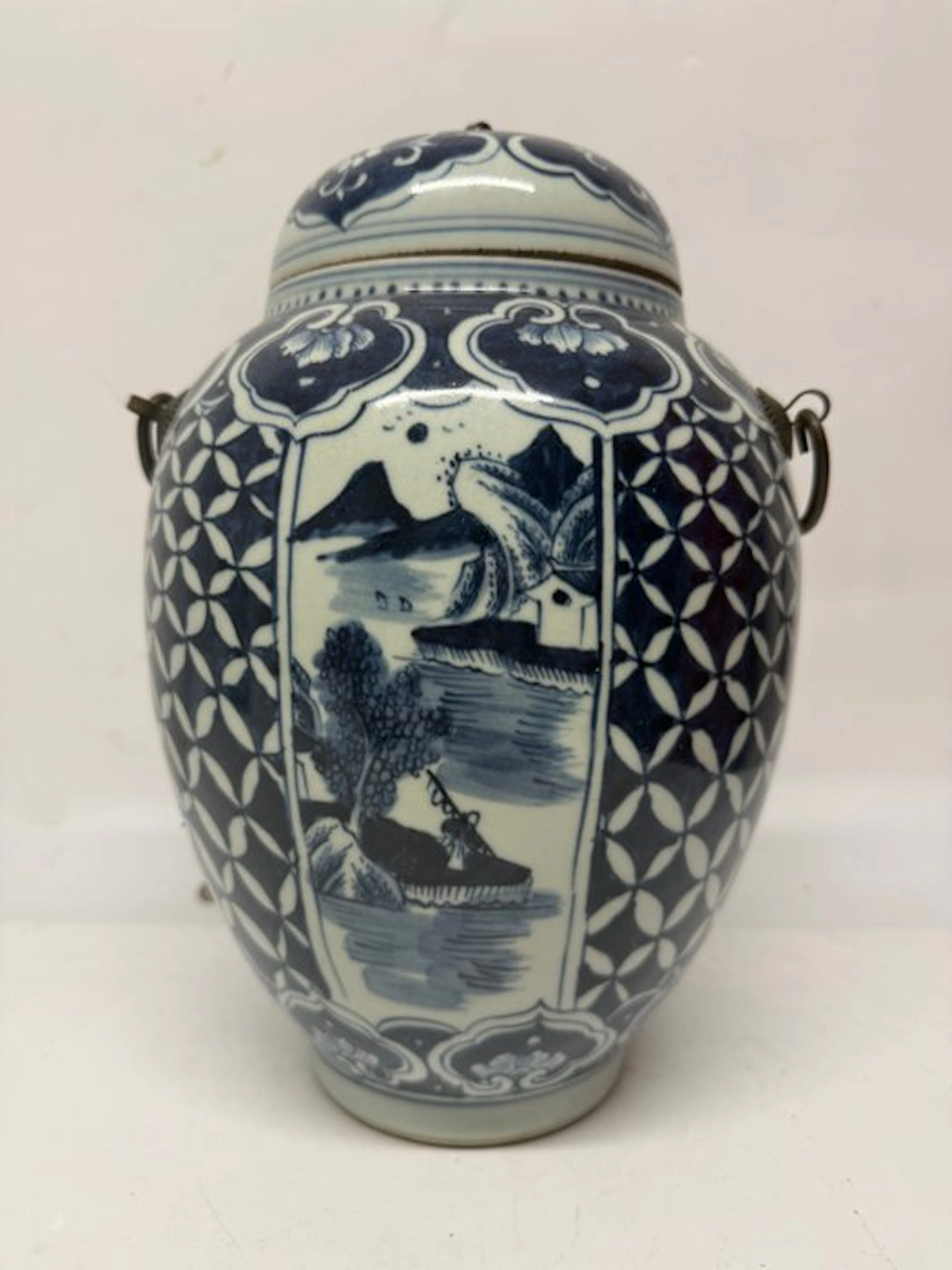 White and blue porcelain vase with lid - Landscape and...