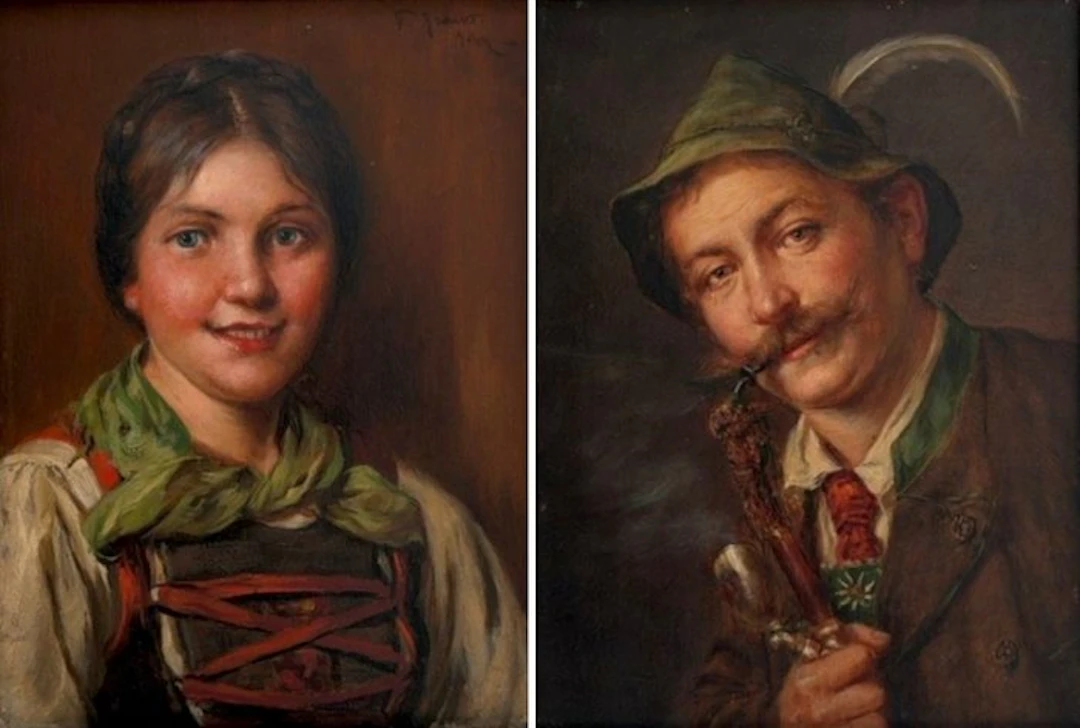 F. Kraus (XIX-XX) - 2 x Portrait: Tiroler mit Pfeife & Tirolerin in Tracht