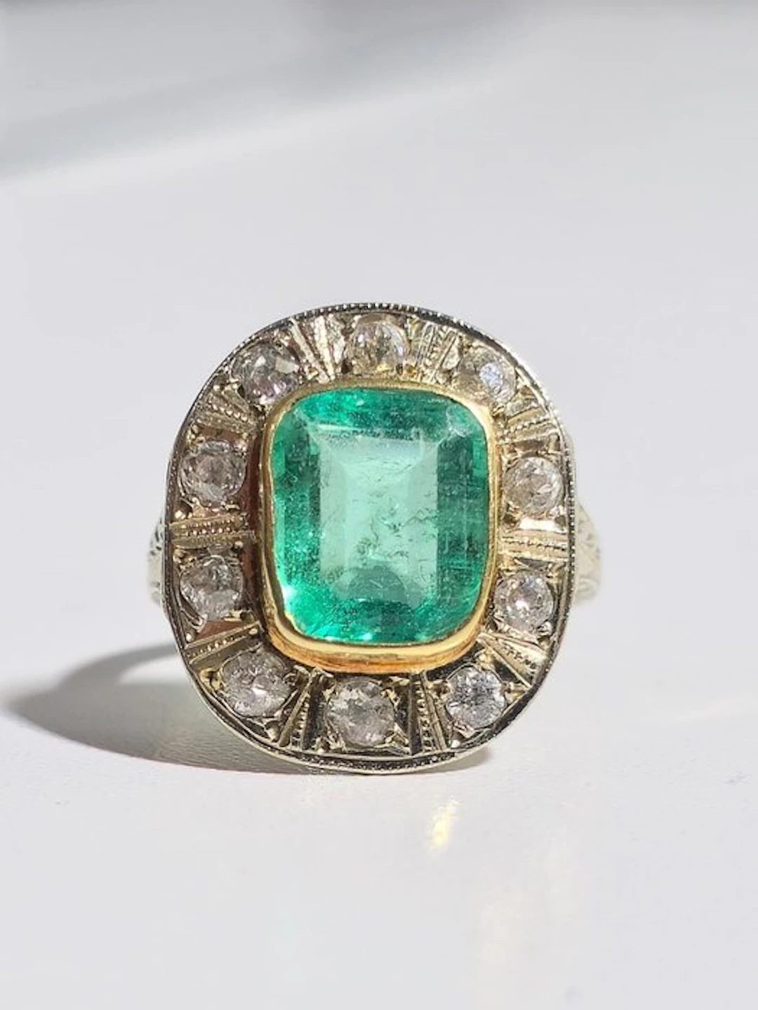 Ring - 18 kt. Yellow gold, White gold - Esmeralda and Diamonds