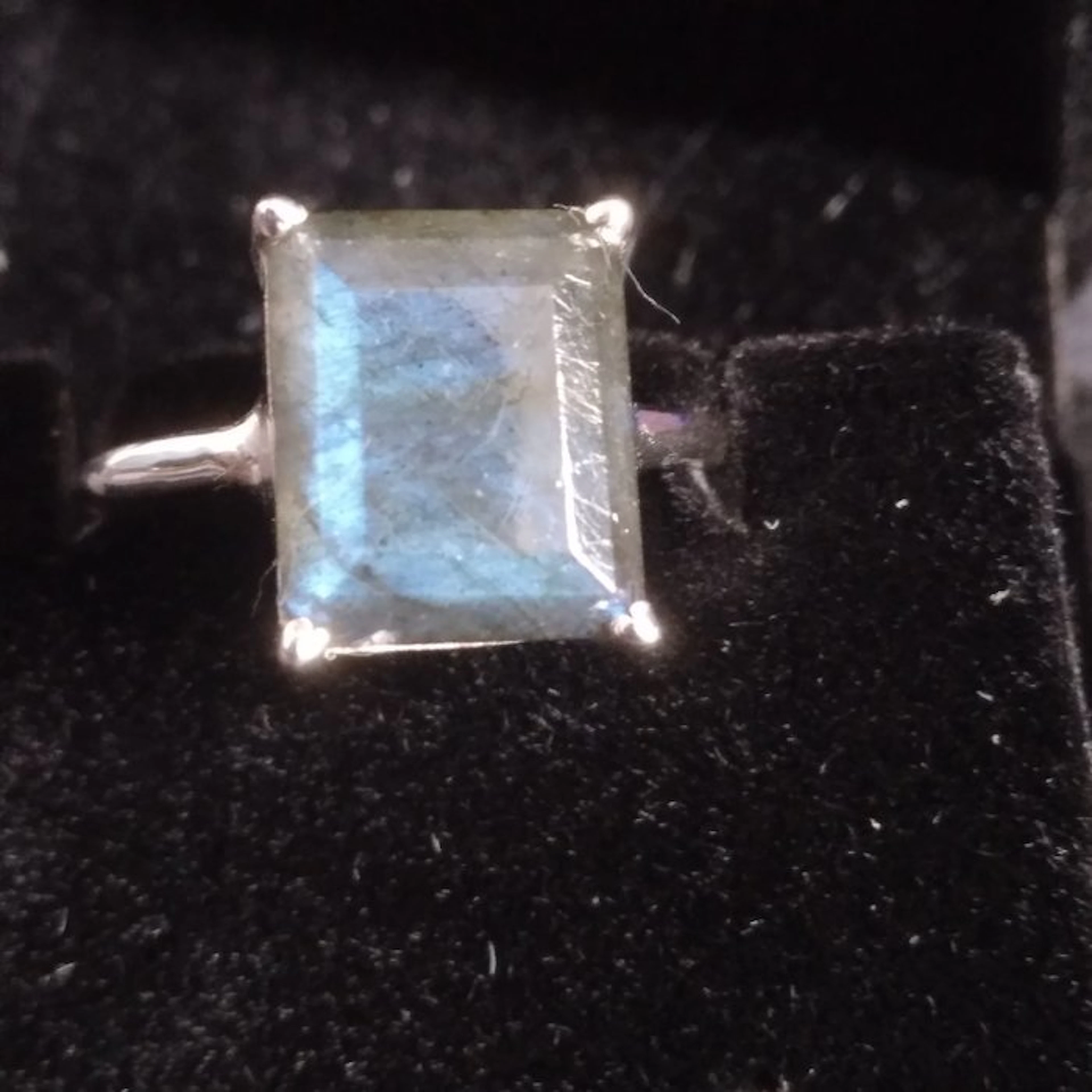 Silver, Natural Blue Fire Labradorite - 11 x 9 mm Rectangle - Ring