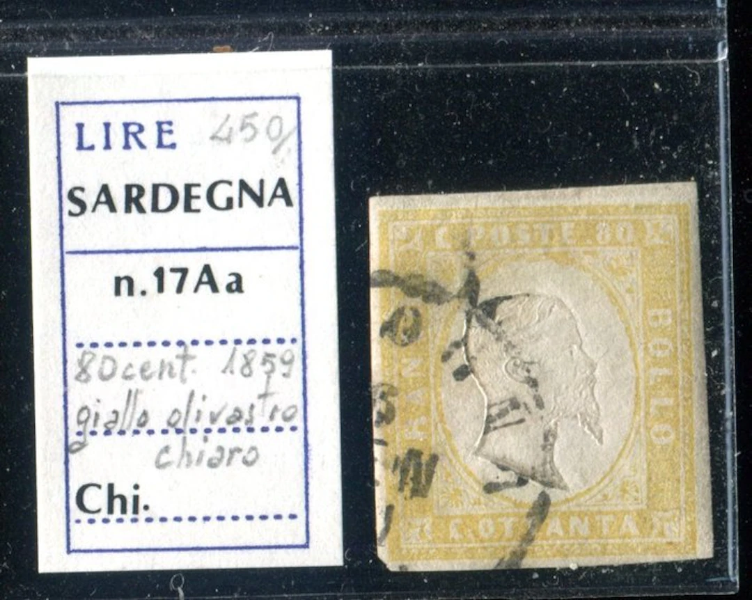 Italian Ancient States - Sardinia 1858 - 80 cents "light olive-yellow"