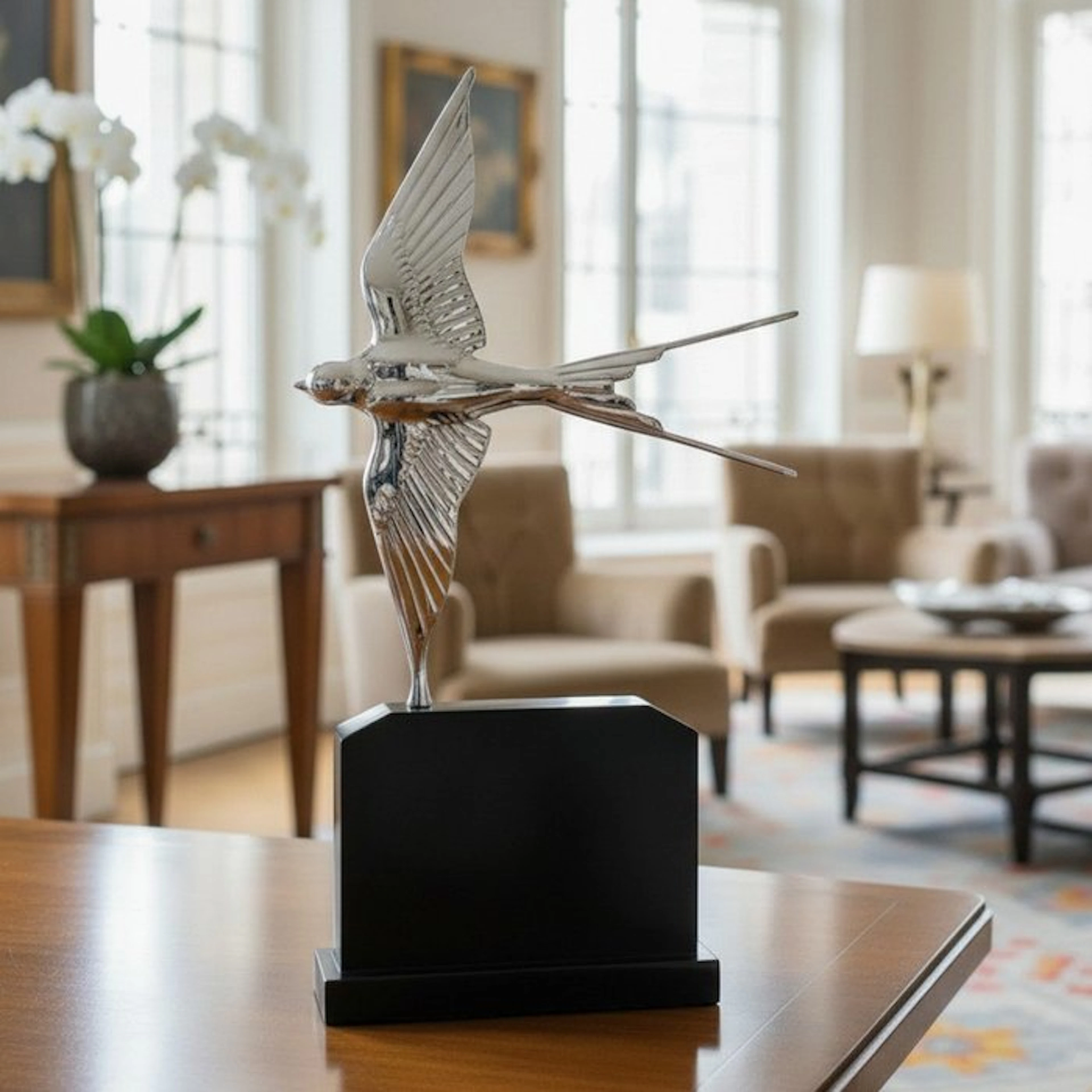 Signed - Sculpture, Swallow in Art Deco style - 48 cm - Bronze, Marble