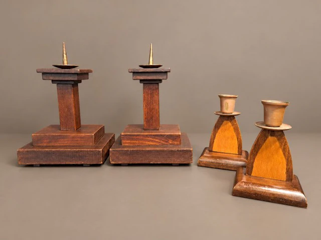 Candleholder - Wood, Copper - Two sets of candlesticks