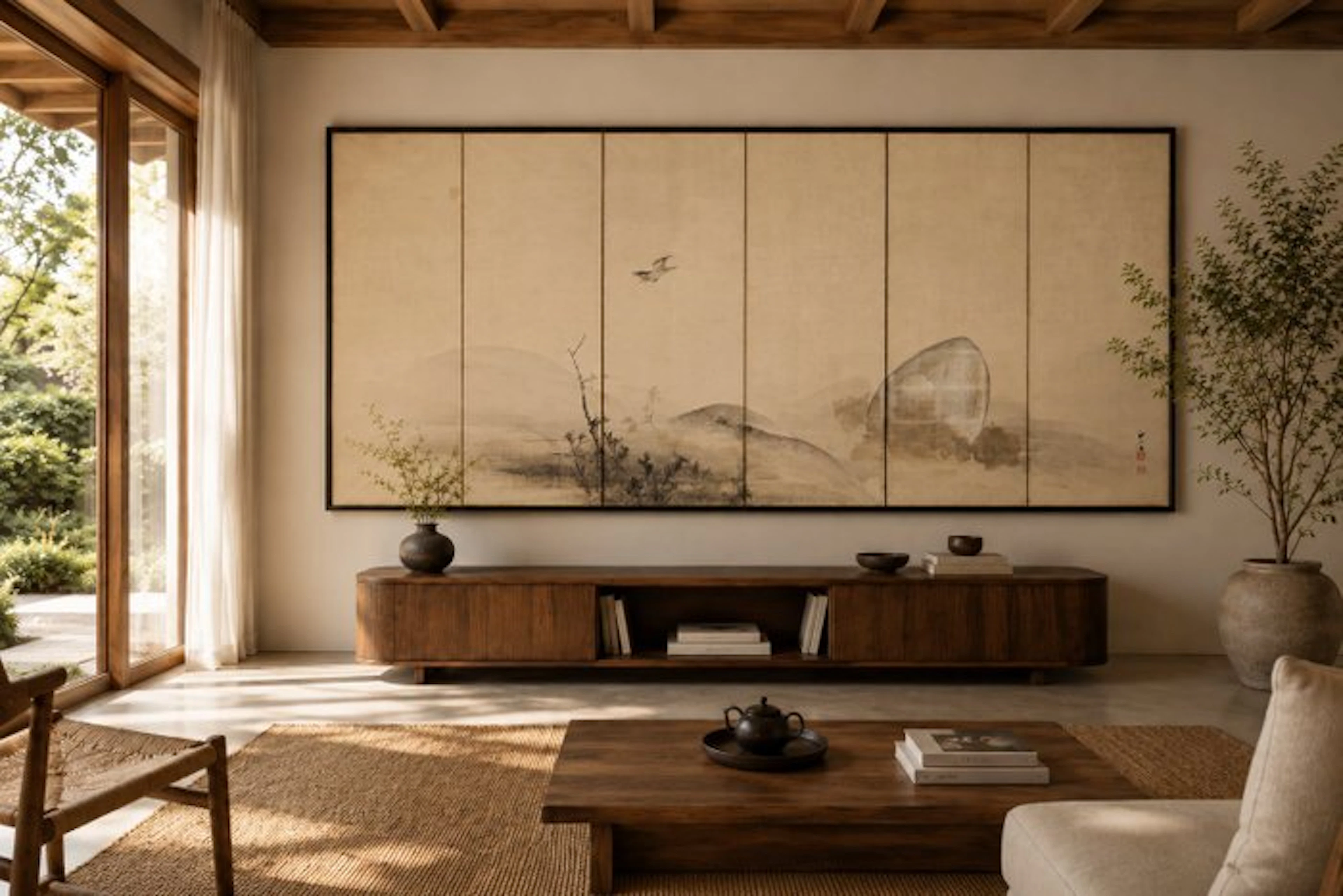 A Maruyama school six-panel ink-on-paper byōbu (屏風) with...