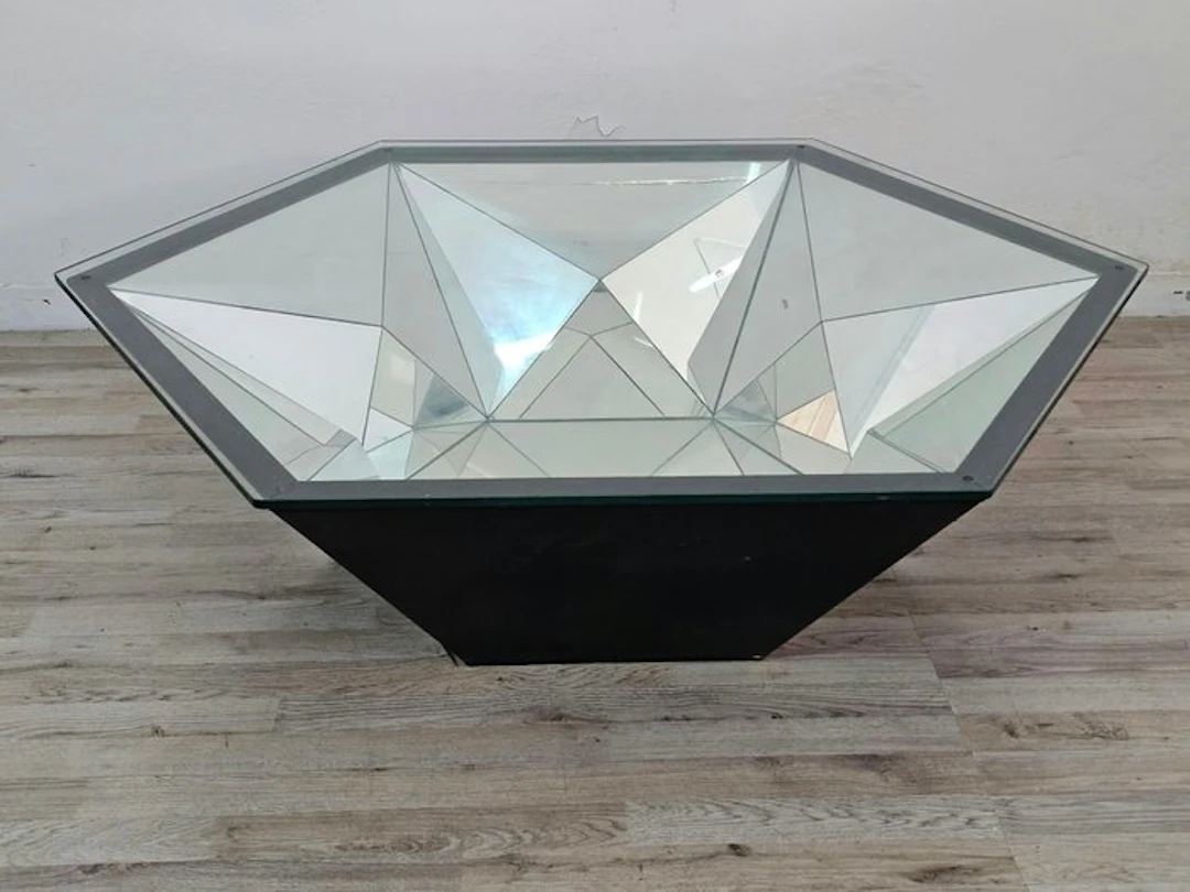 Coffee table - Wood - Glass - Geometric sculpture 70–80