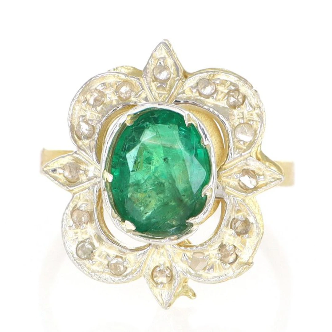 No reserve price - Ring - 12 kt. Yellow gold, Silver Emerald - Diamond
