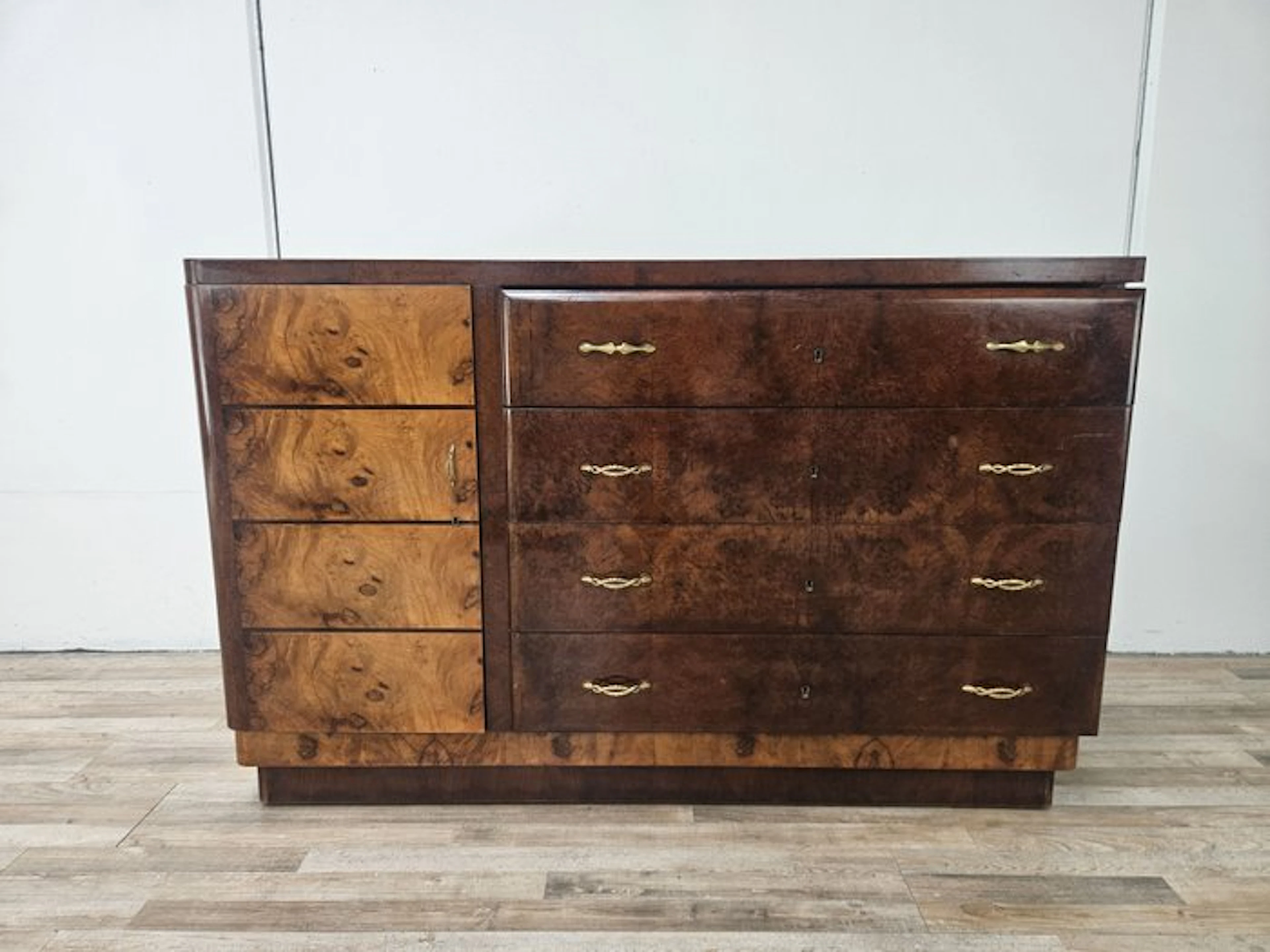 Credenza - Art Deco sideboard in walnut and blond walnut - Burr walnut, Brass