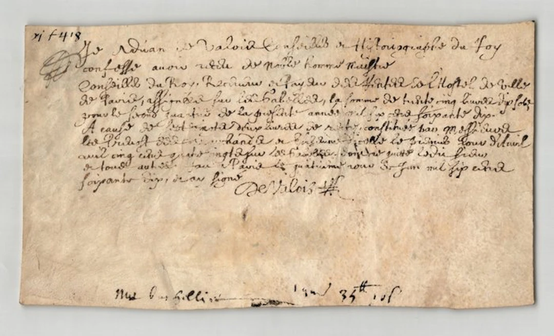 Adrien de Valois - Quittance signée sur parchemin vélin...