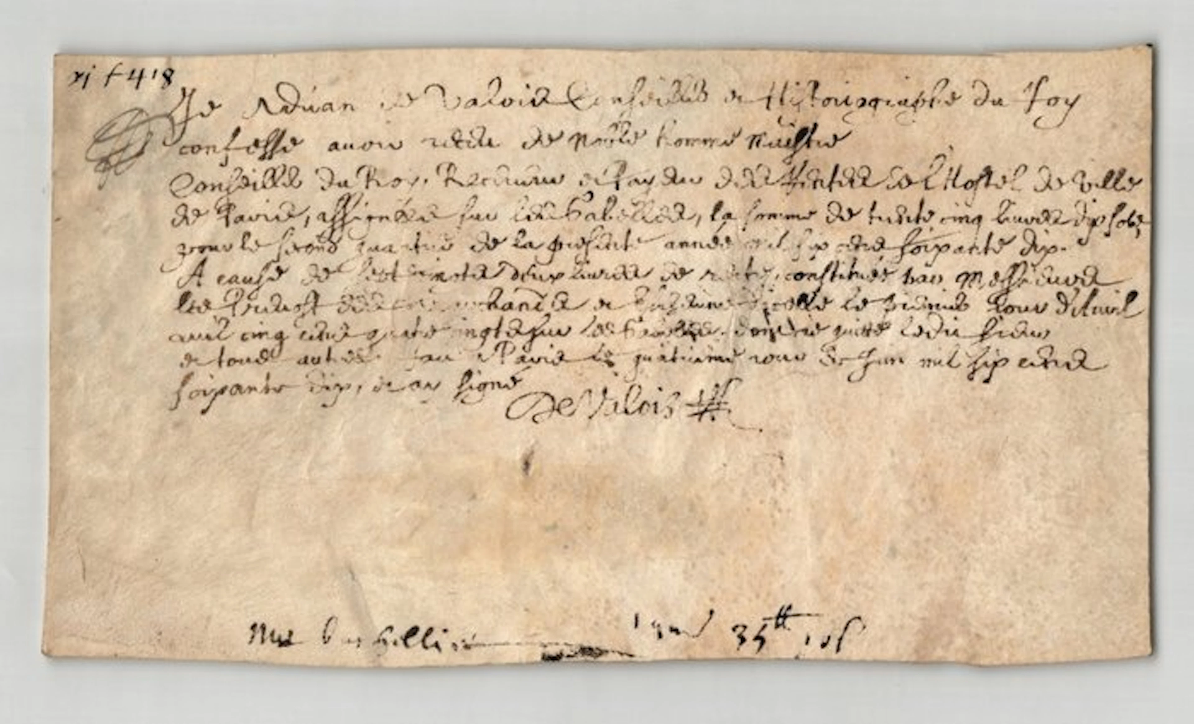 Adrien de Valois - Quittance signée sur parchemin vélin...