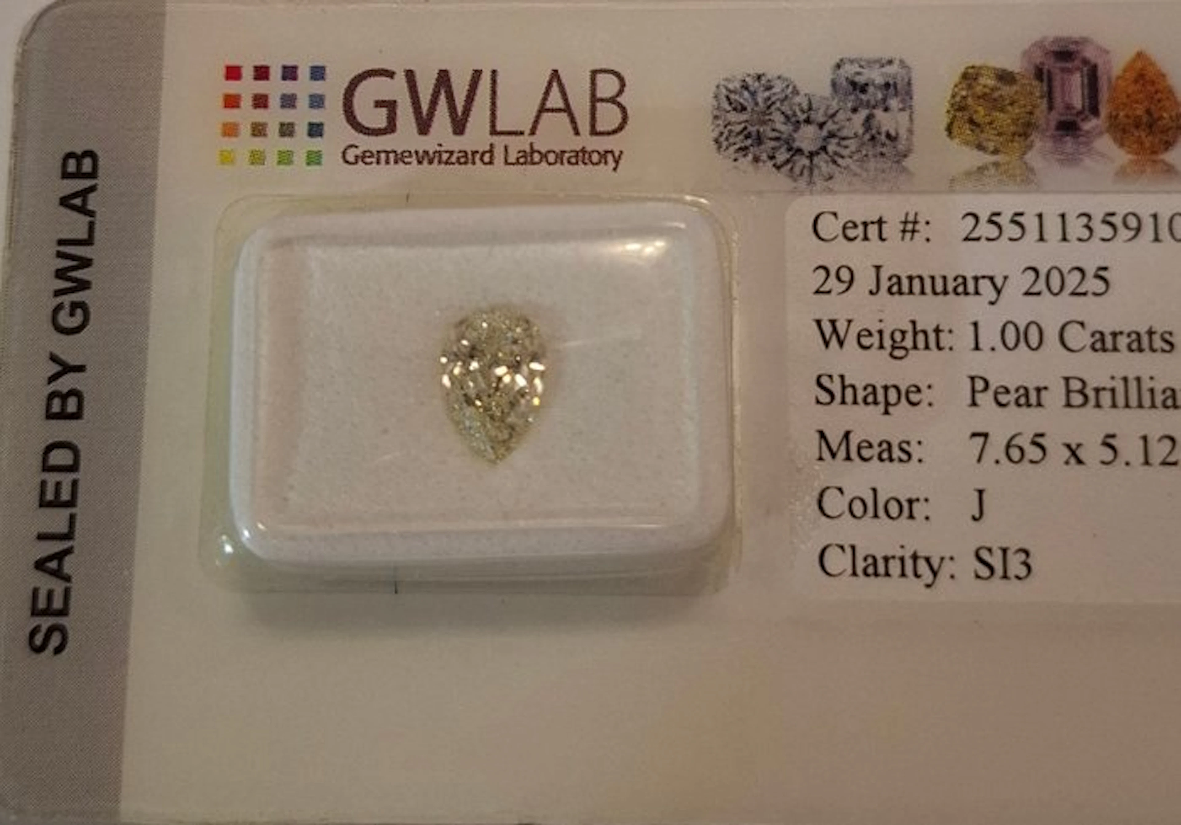 1 pcs Diamond (Natural) - 1.00 ct - Pear - J - SI3...