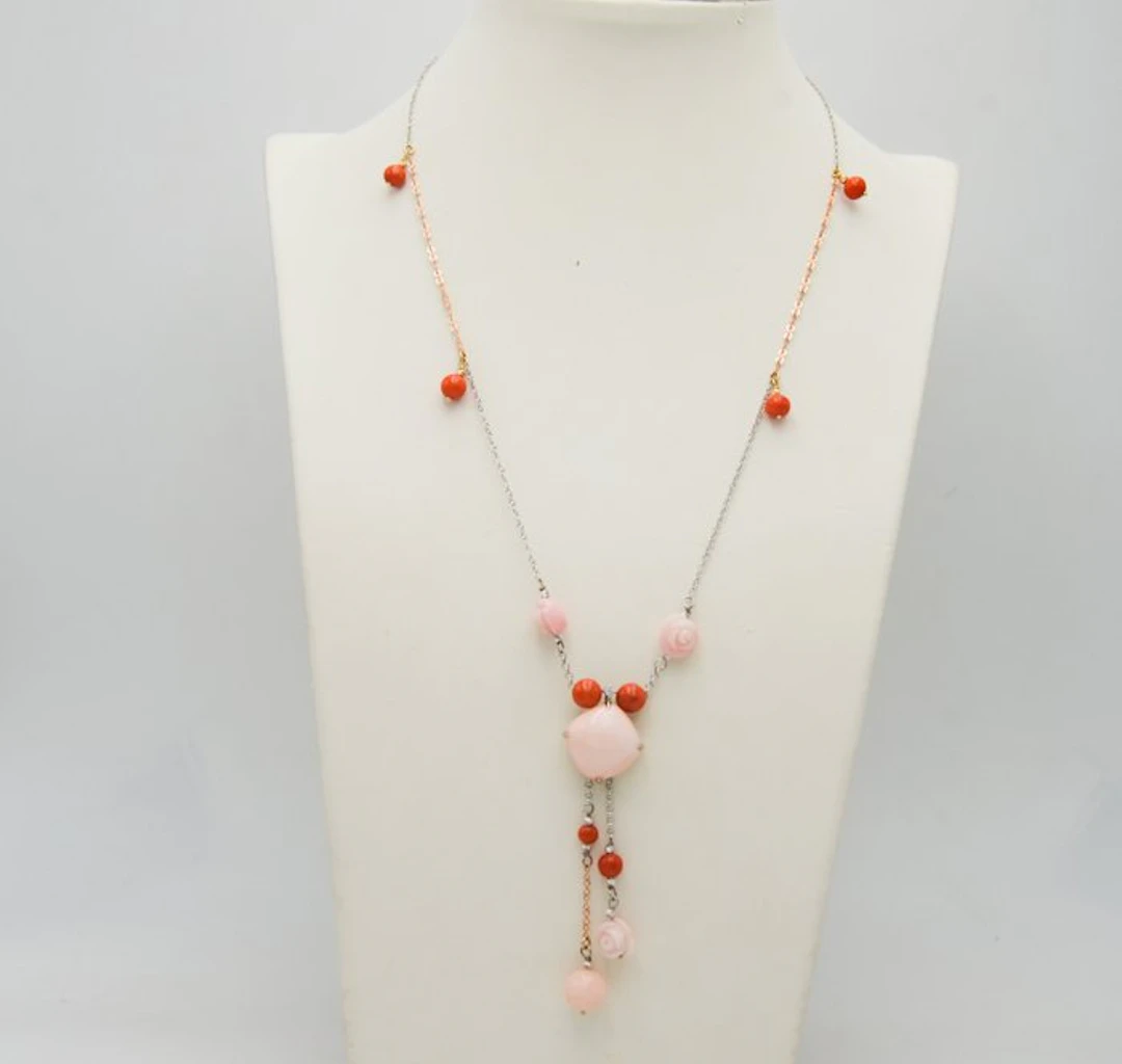 Necklace - 18 kt. White gold, Rose gold Coral - Diamond