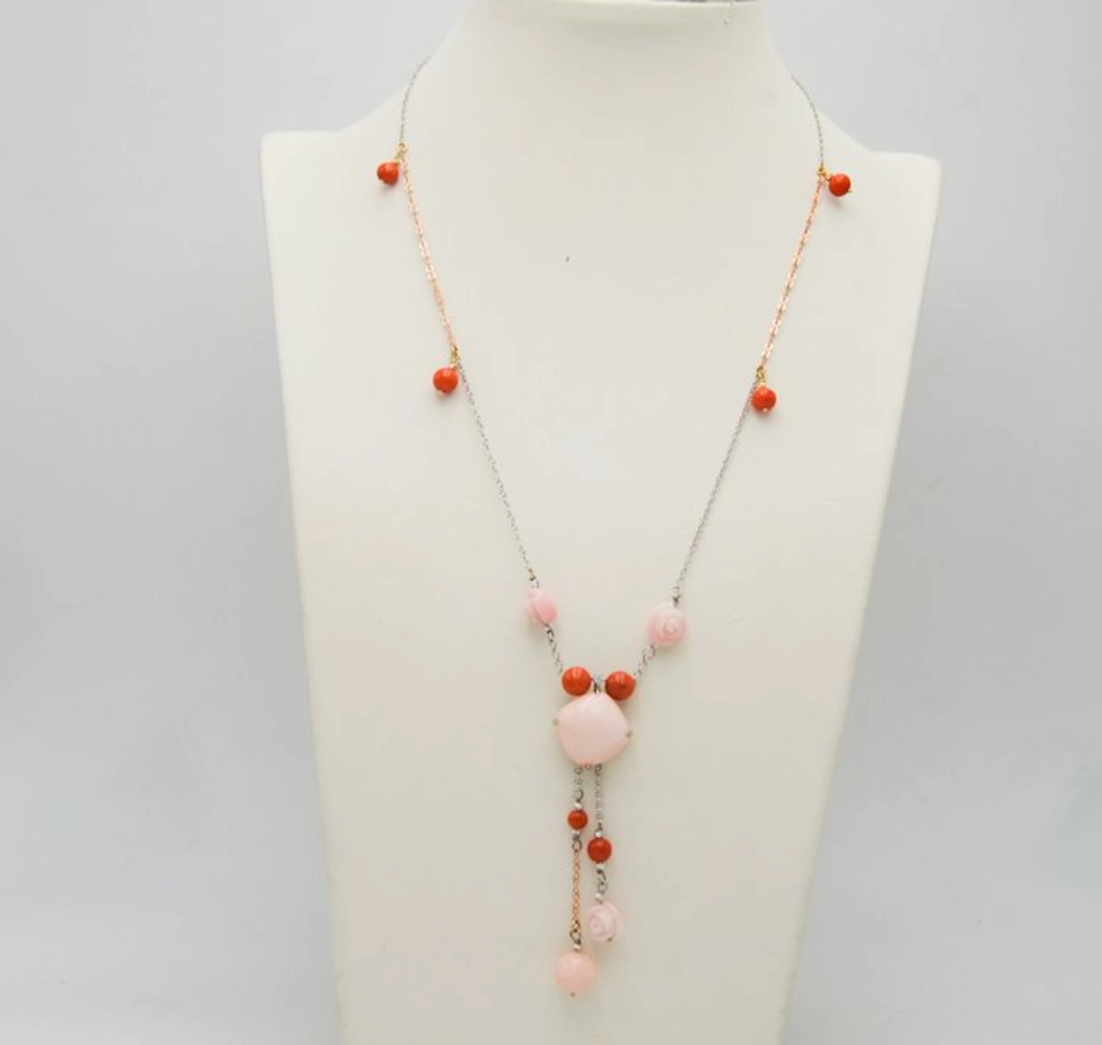 Necklace - 18 kt. White gold, Rose gold Coral - Diamond
