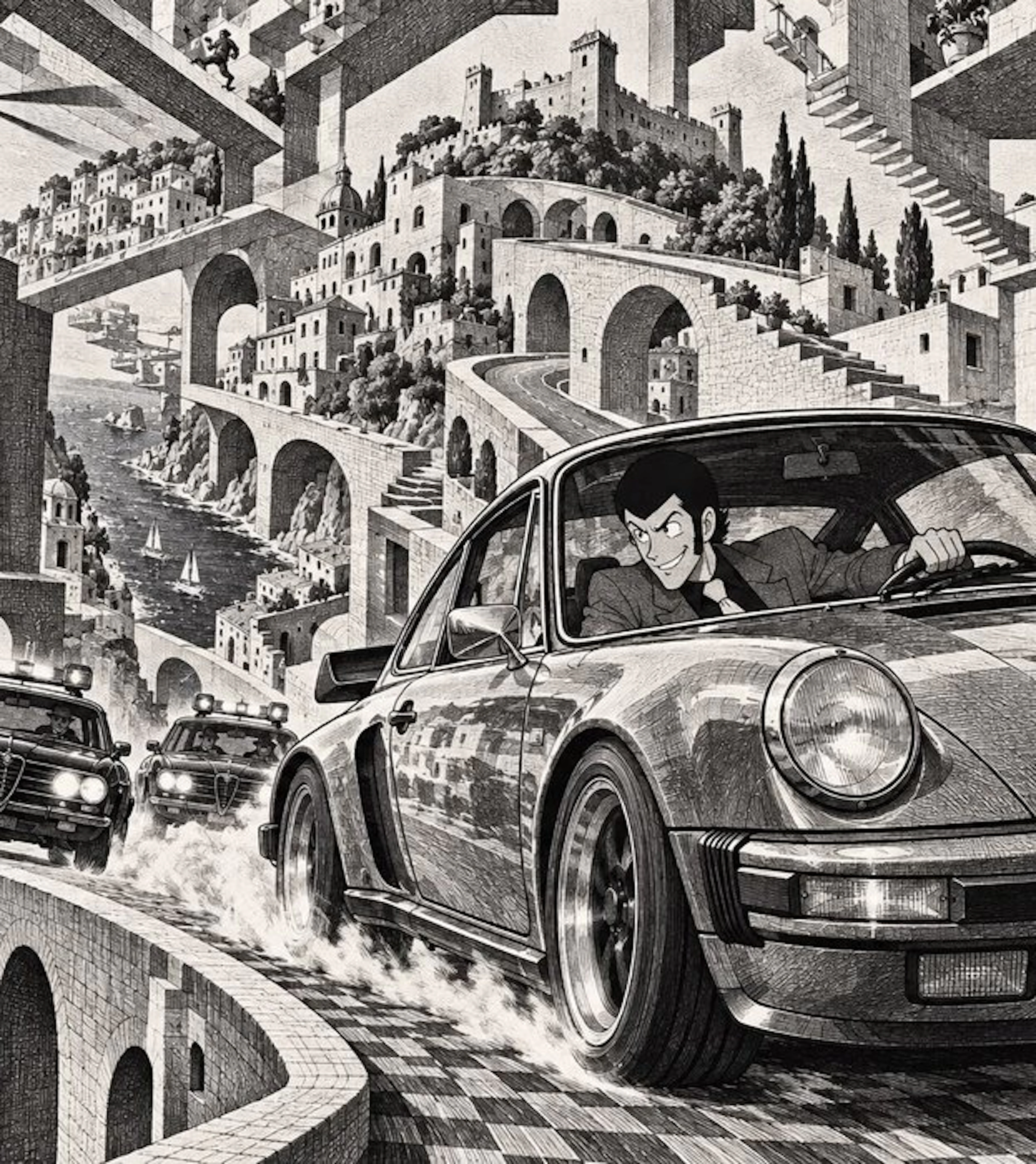 CREATIVE_HUB - Lupin III escape from Montecarlo in Escher style