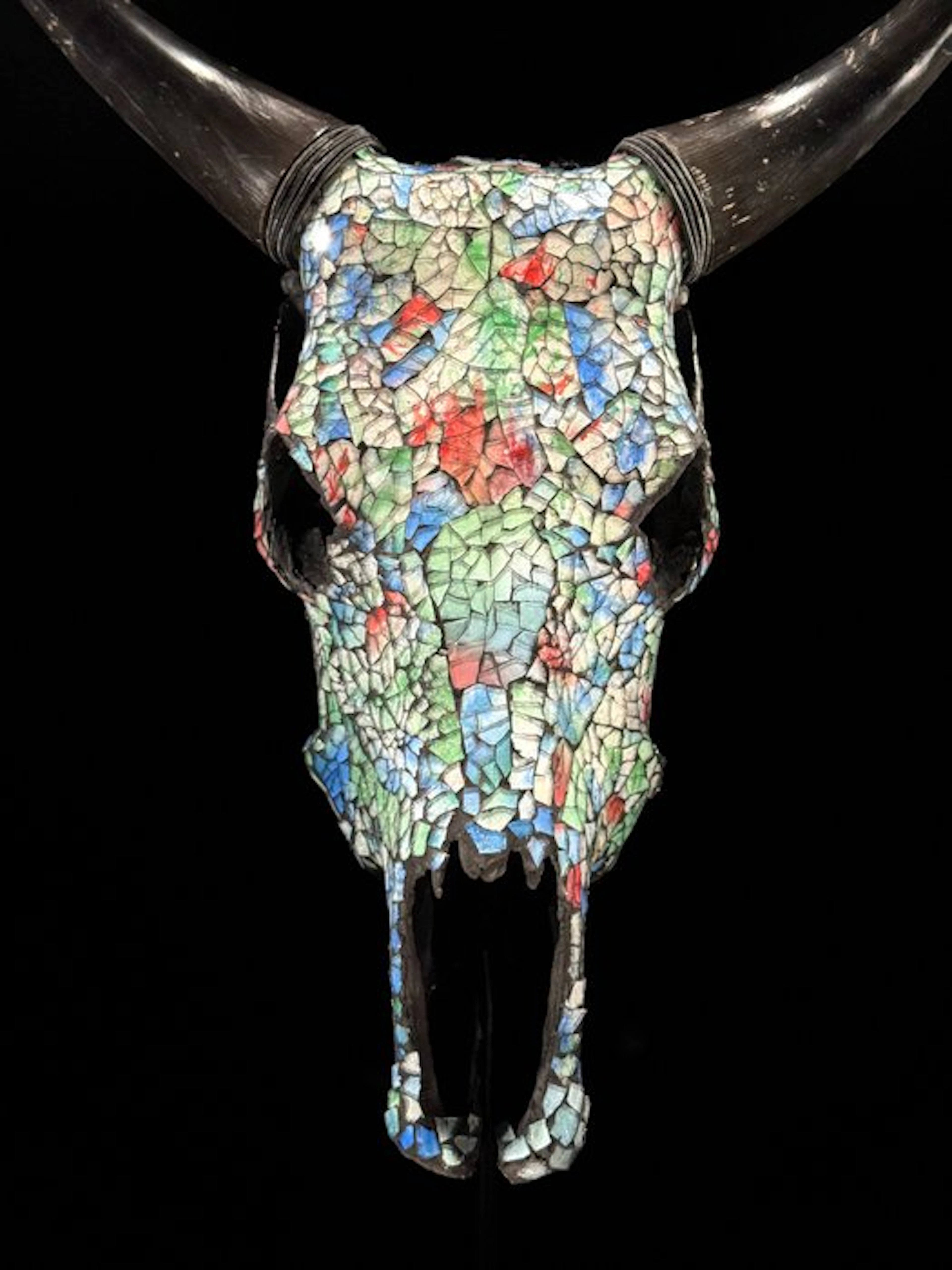 NO RESERVE PRICE - Stunning Cow Skull with Glass Mosaic...