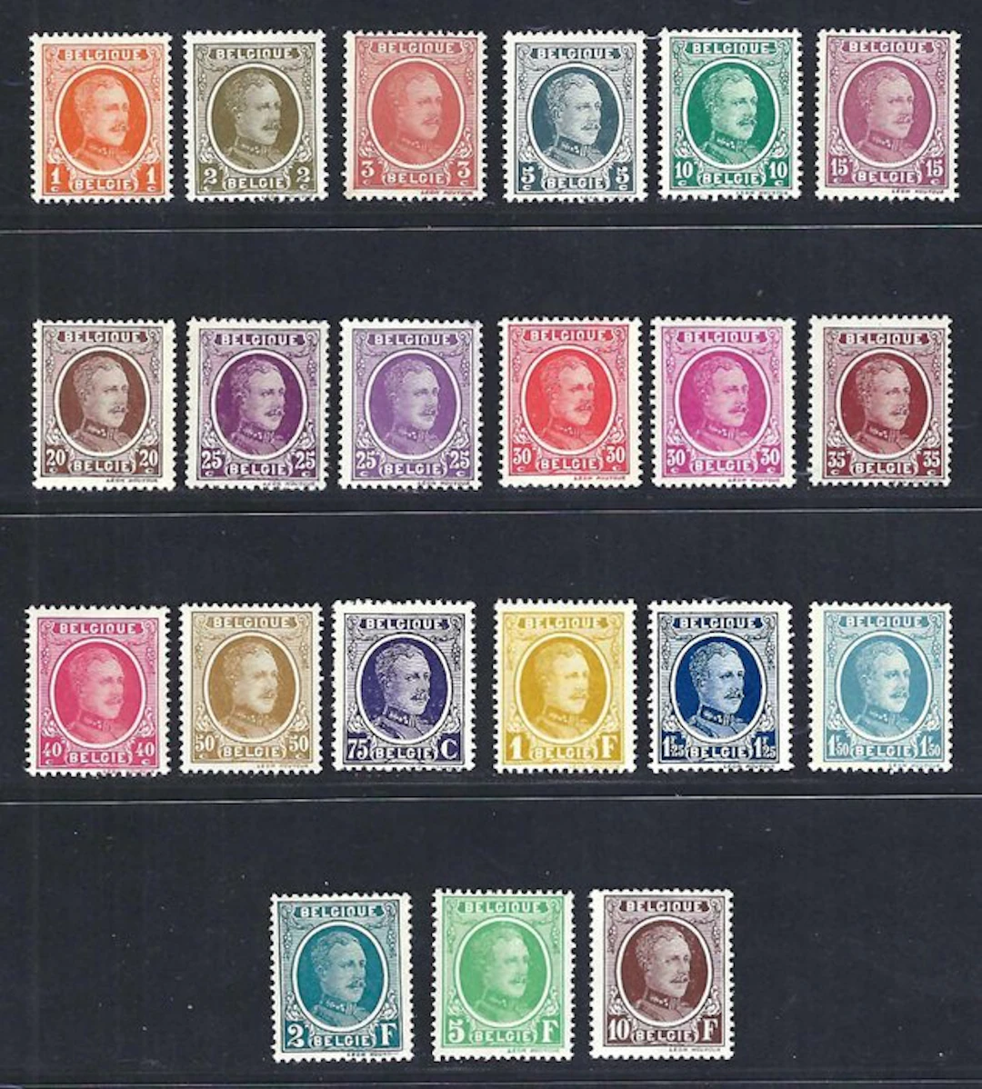 Belgium 1922 - The complete series of King Albert I 'Houyoux' - OBP/COB 190/210