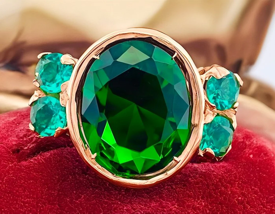 No reserve price - Ring - 9 kt. Rose gold, Silver Emerald - Emerald