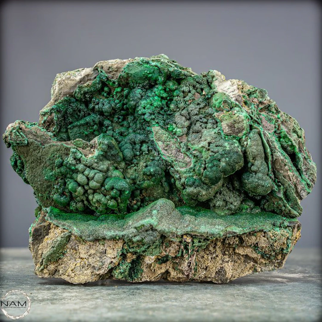 Natural malachite stage – Botryoidal crystal landscape in...