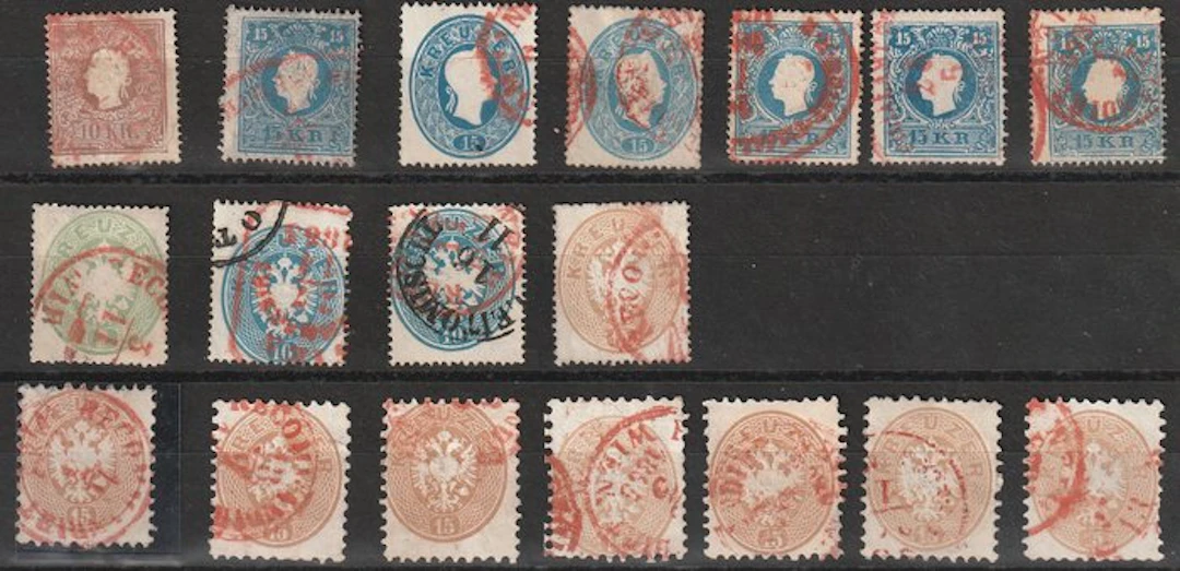 Austria 1858/1863 - Card with classic stamps, all just a red stamp