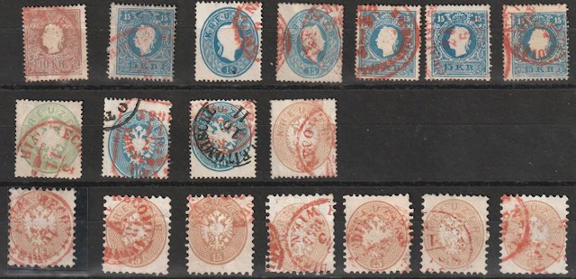 Austria 1858/1863 - Card with classic stamps, all just a red stamp