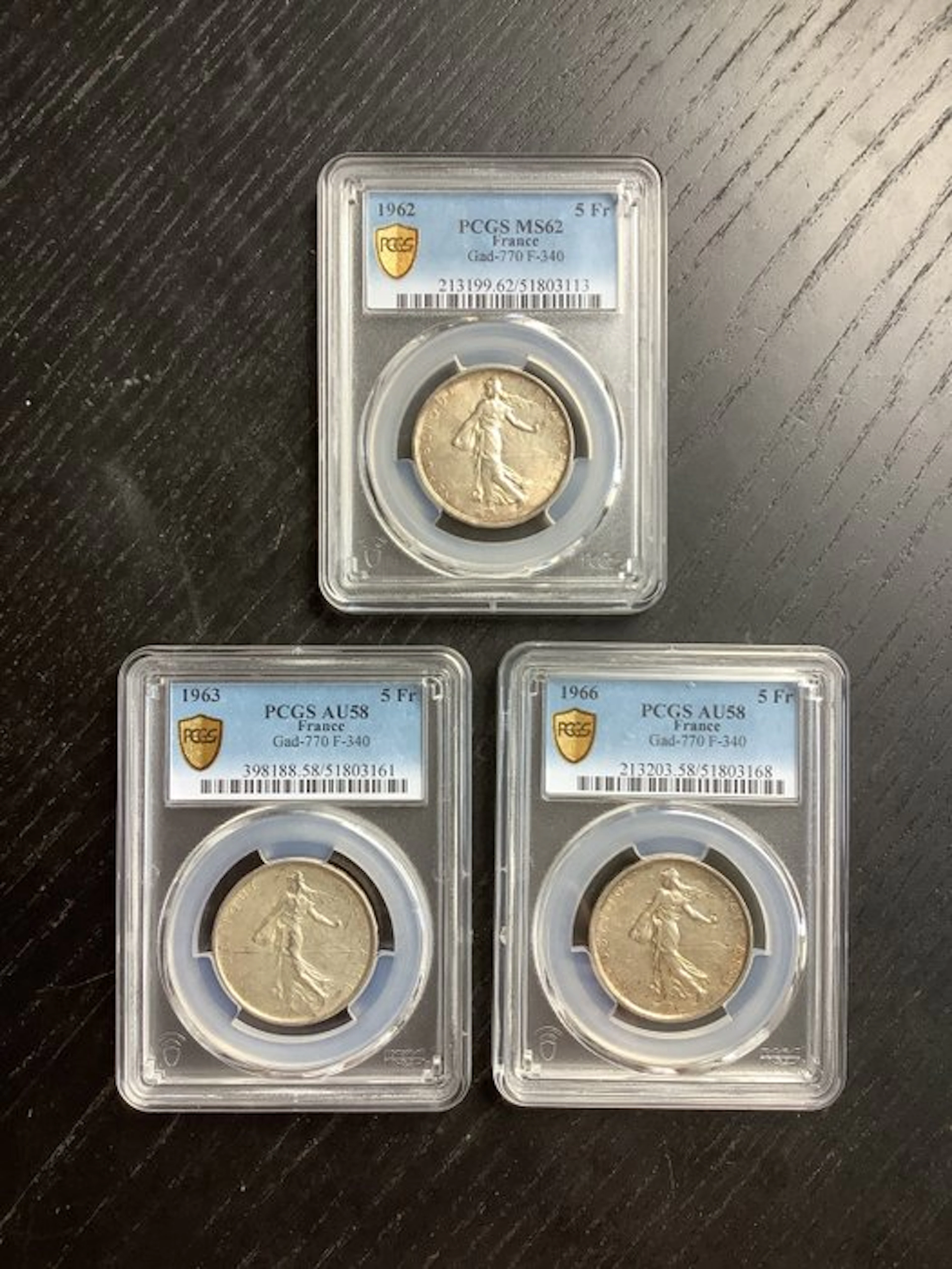 France. 5 Francs 1962/1966 Semeuse (3 munten) (No reserve price)