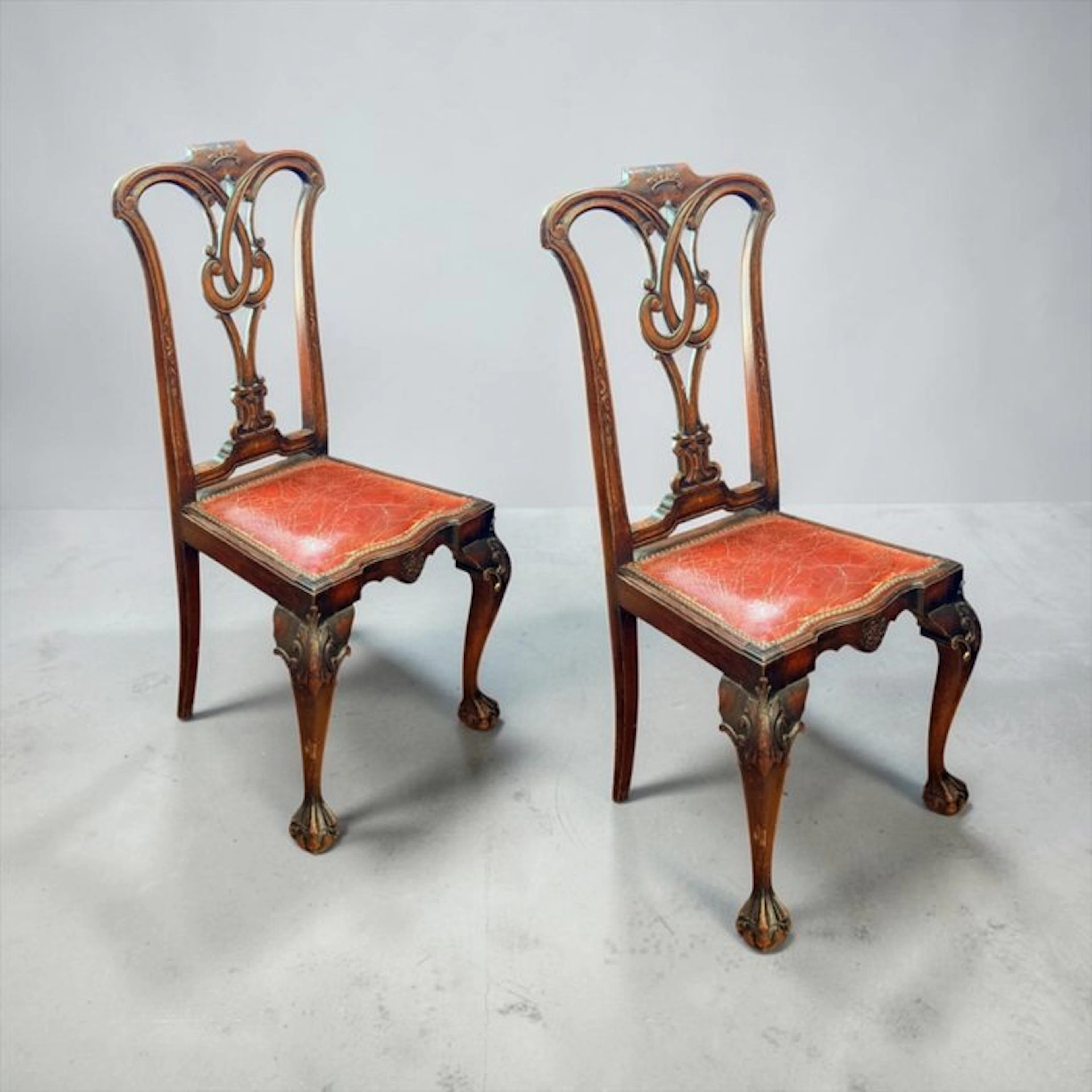 Thomas Chippendale - Chair (2) - Wood, Leather - Hand-carved