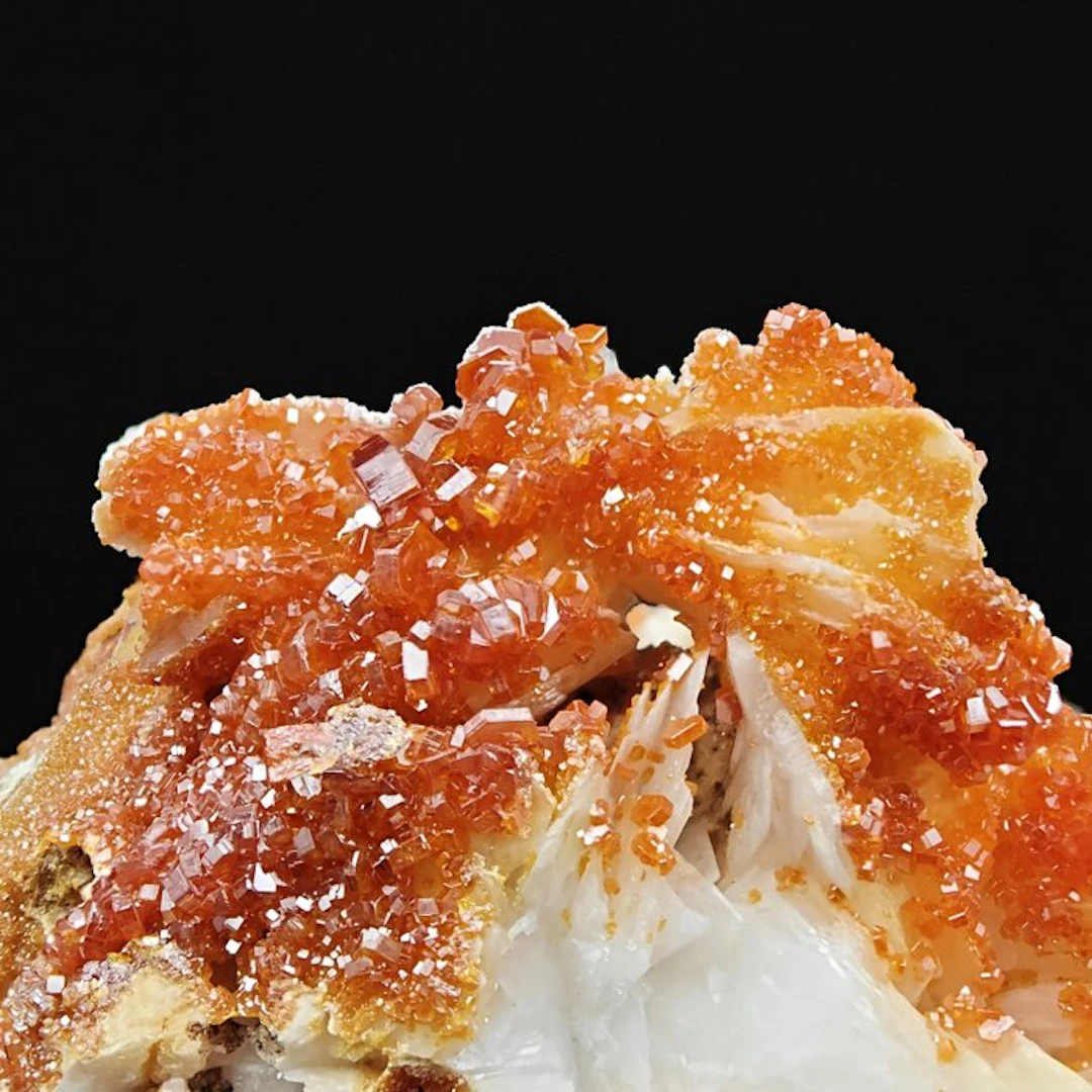 Blood-red vanadinite on white barite Crystals on matrix...