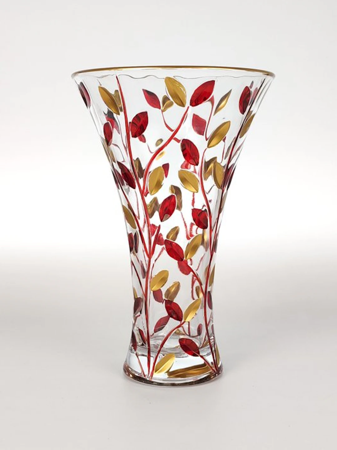 Secoloventesimo - Vase - Golden Red Leaves Vase - Enamel - Hand-decorated vase.