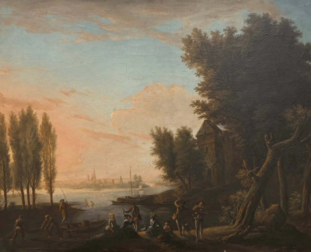 French school (XVIII) - Paysage pêcheurs dans un port