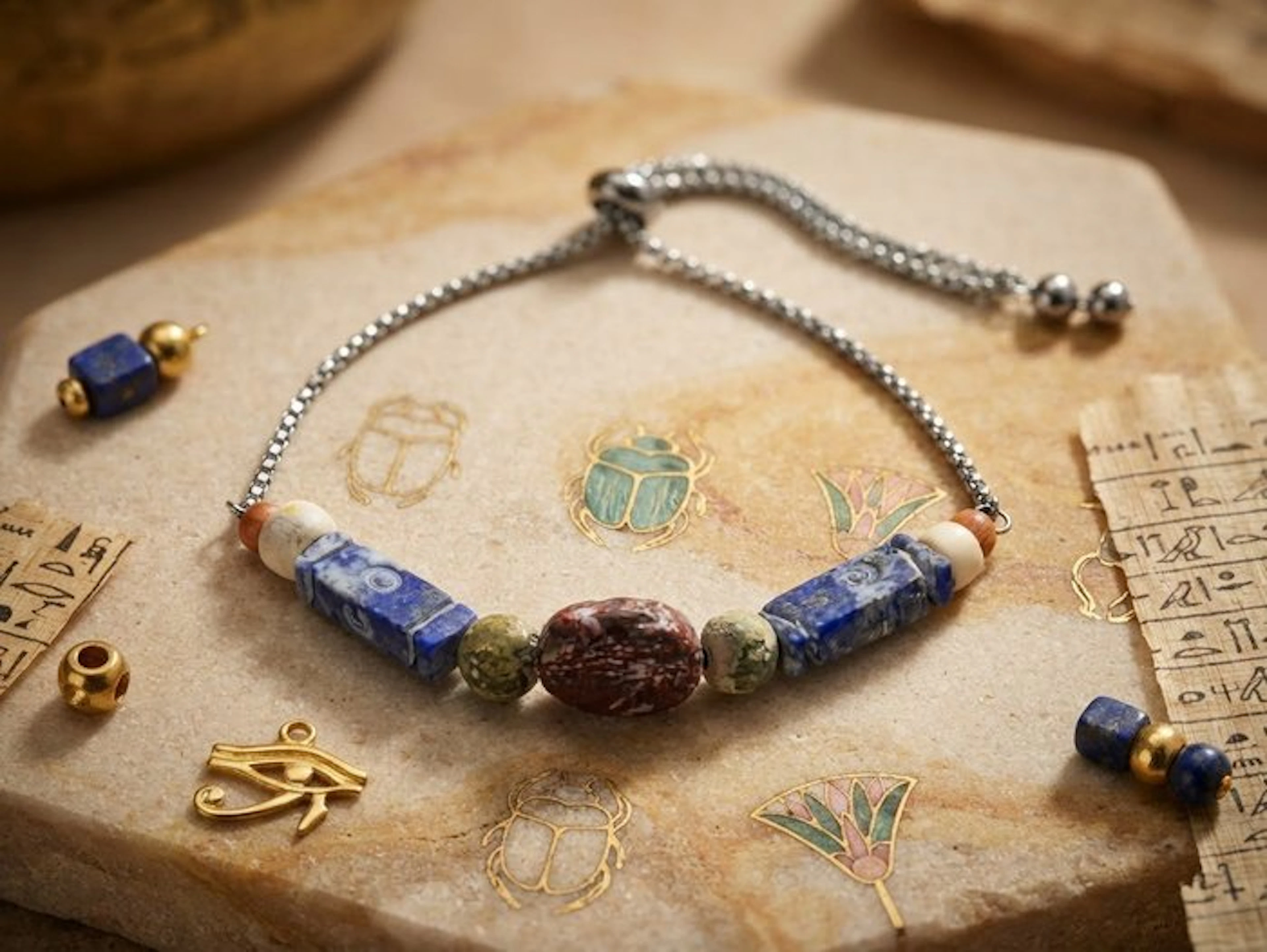 Ancient Egyptian Steel Bead bracelet - Red jasper/lapis...