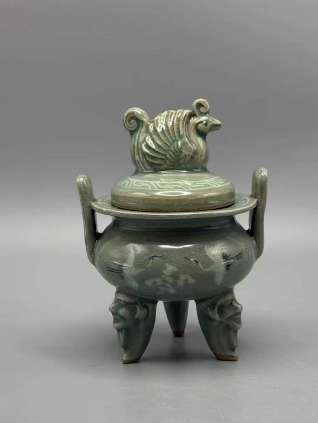 Vintage Korean-style celadon porcelain incense burner (koro)