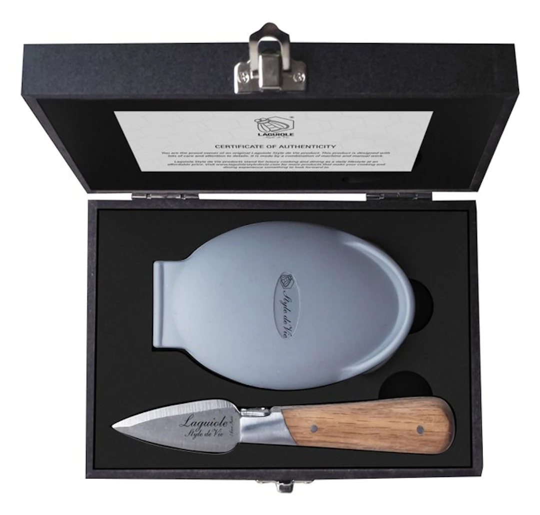 Laguiole - Oyster Knife & Oyster holder - Oak Wood handle...