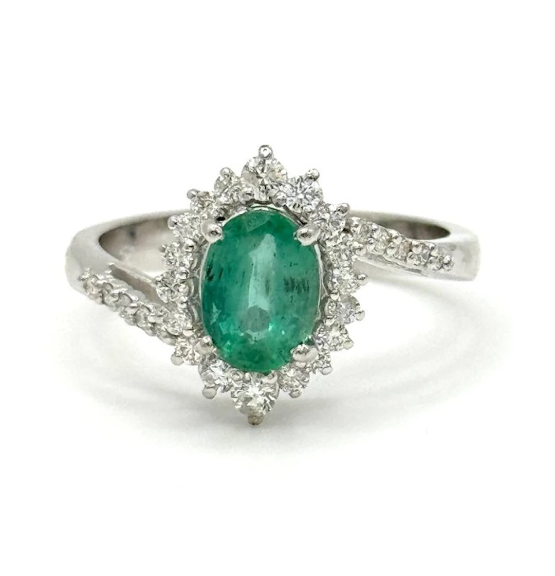 Statement ring - 18 kt. White gold - 2.10ct. tw. Emerald - Diamond