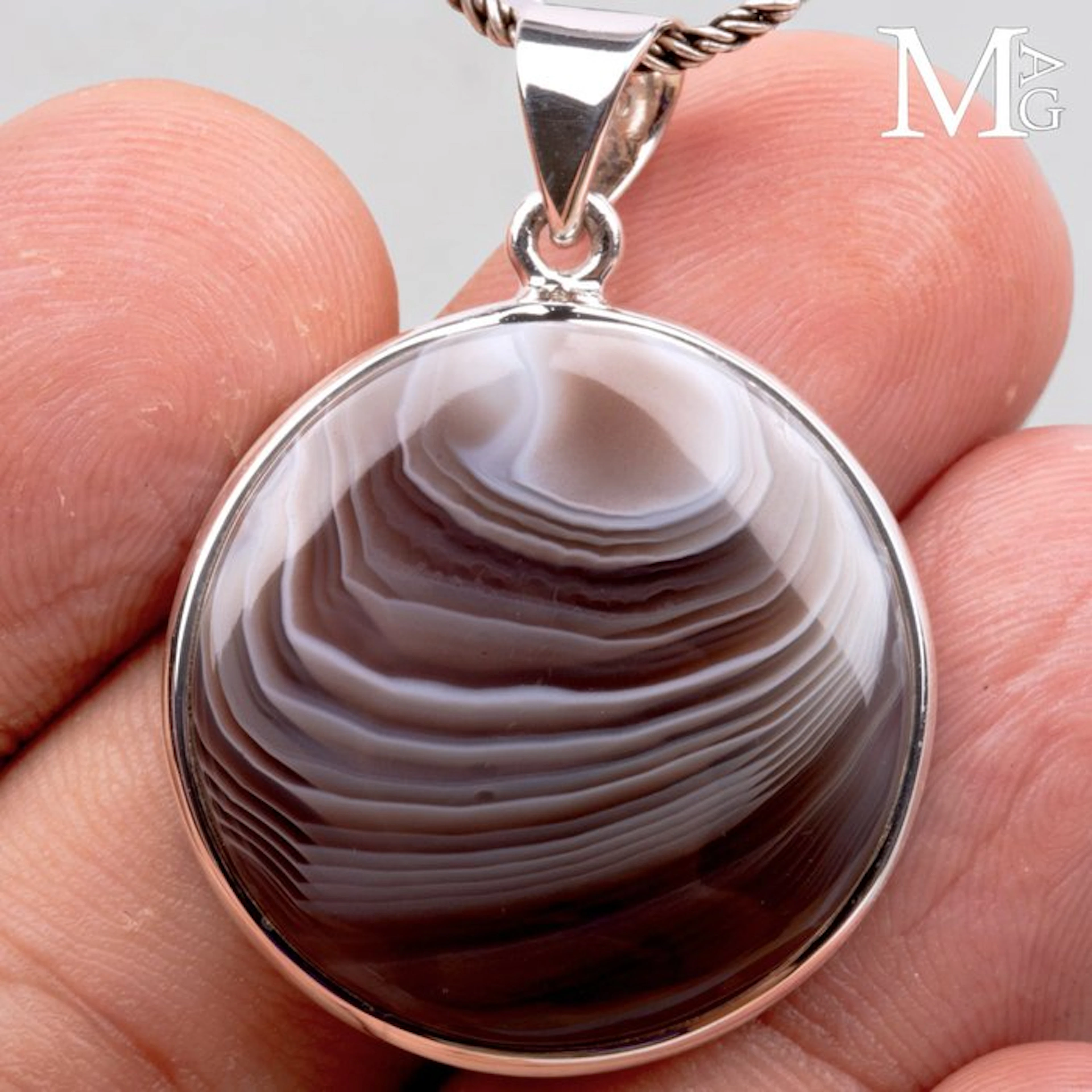 Sterling Silver Pendant with Banded Agate Cabochon...