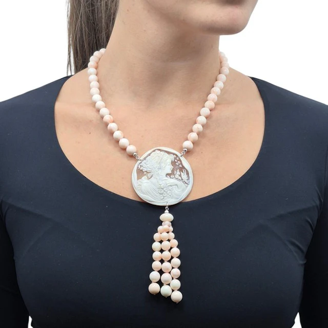 Coral - Silver - Necklace - Pink Coral and Cameo