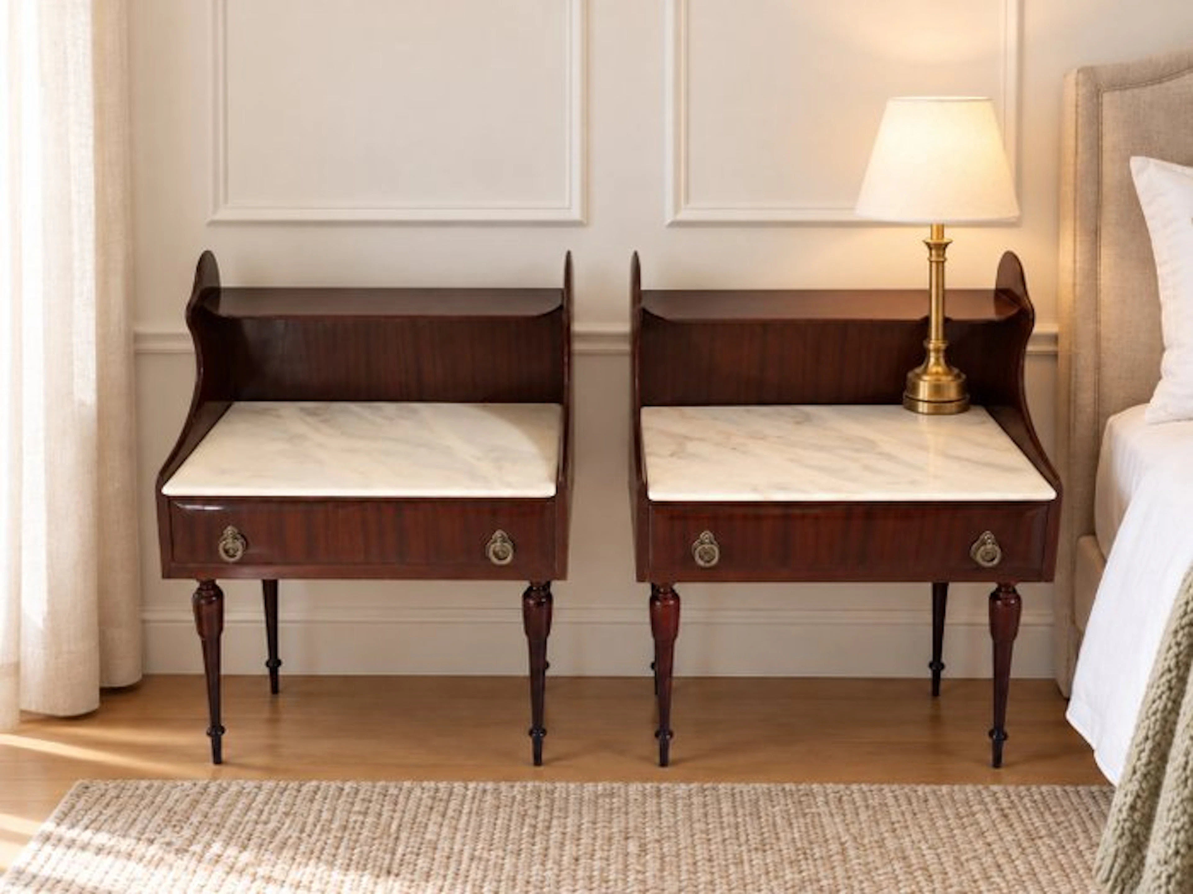 Nightstand - Wood, Marble - Pair of vintage nightstands