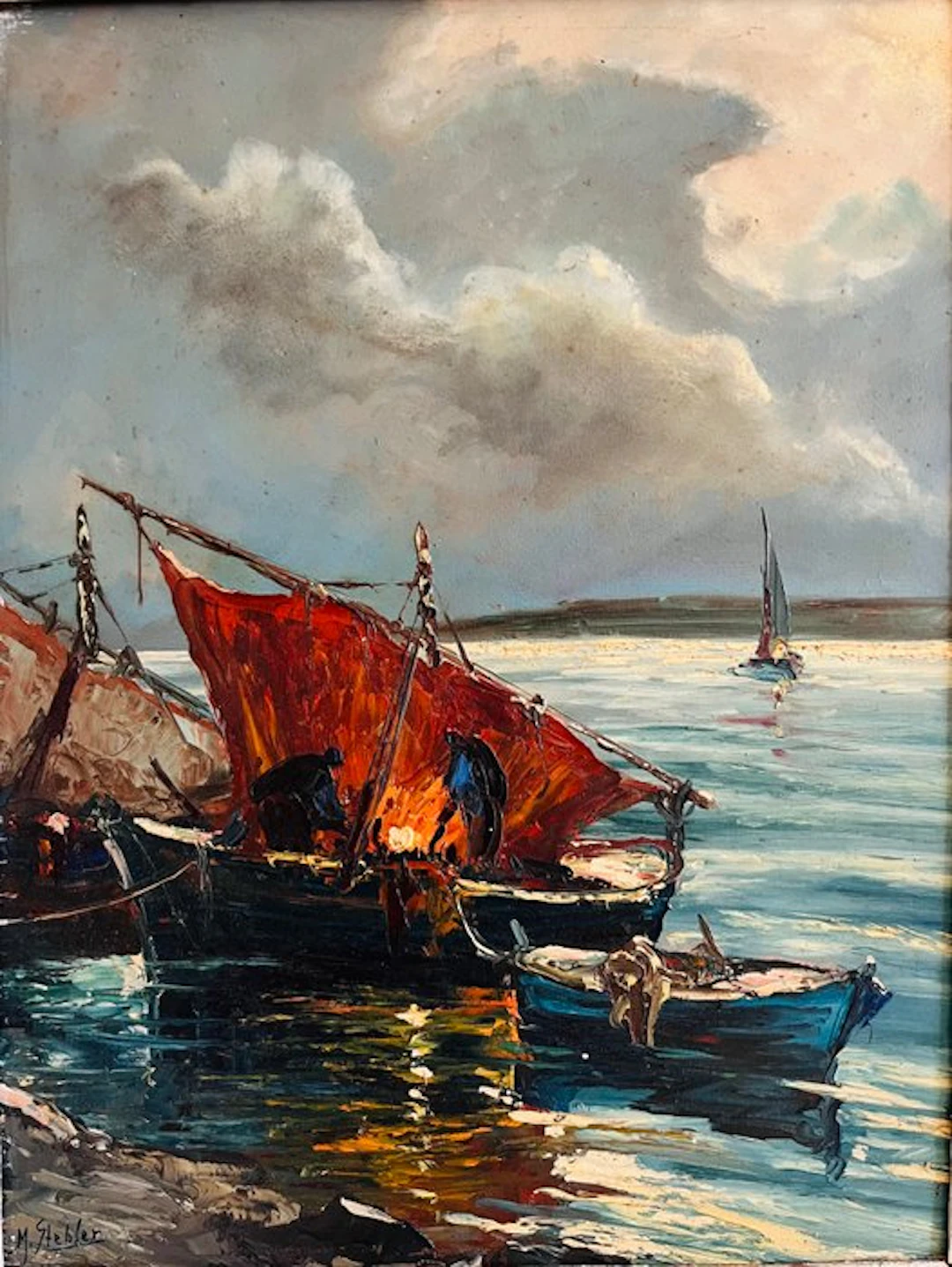 Marcel Stebler (1893-1981) - Barcos de pesca al atardecer en la costa
