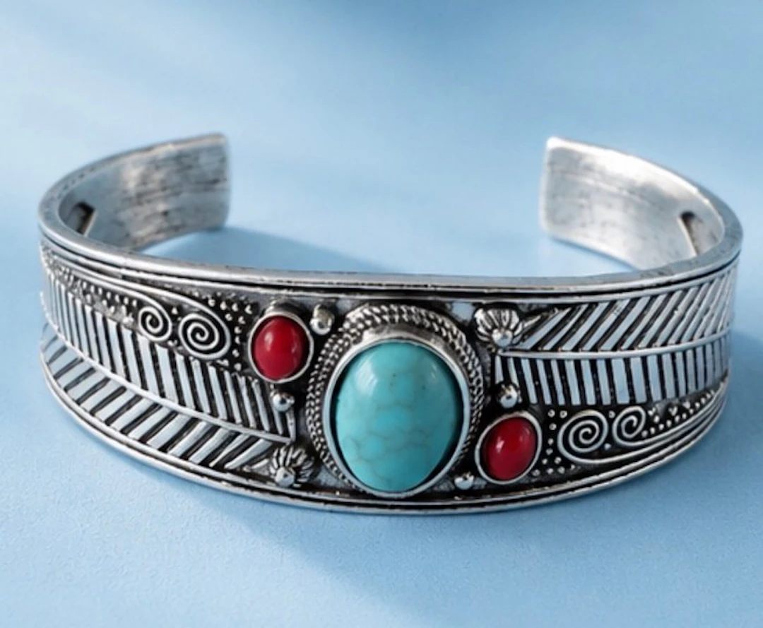 Vintage Turquoise and Coral Silverplated Cuff Bracelet - Bracelet
