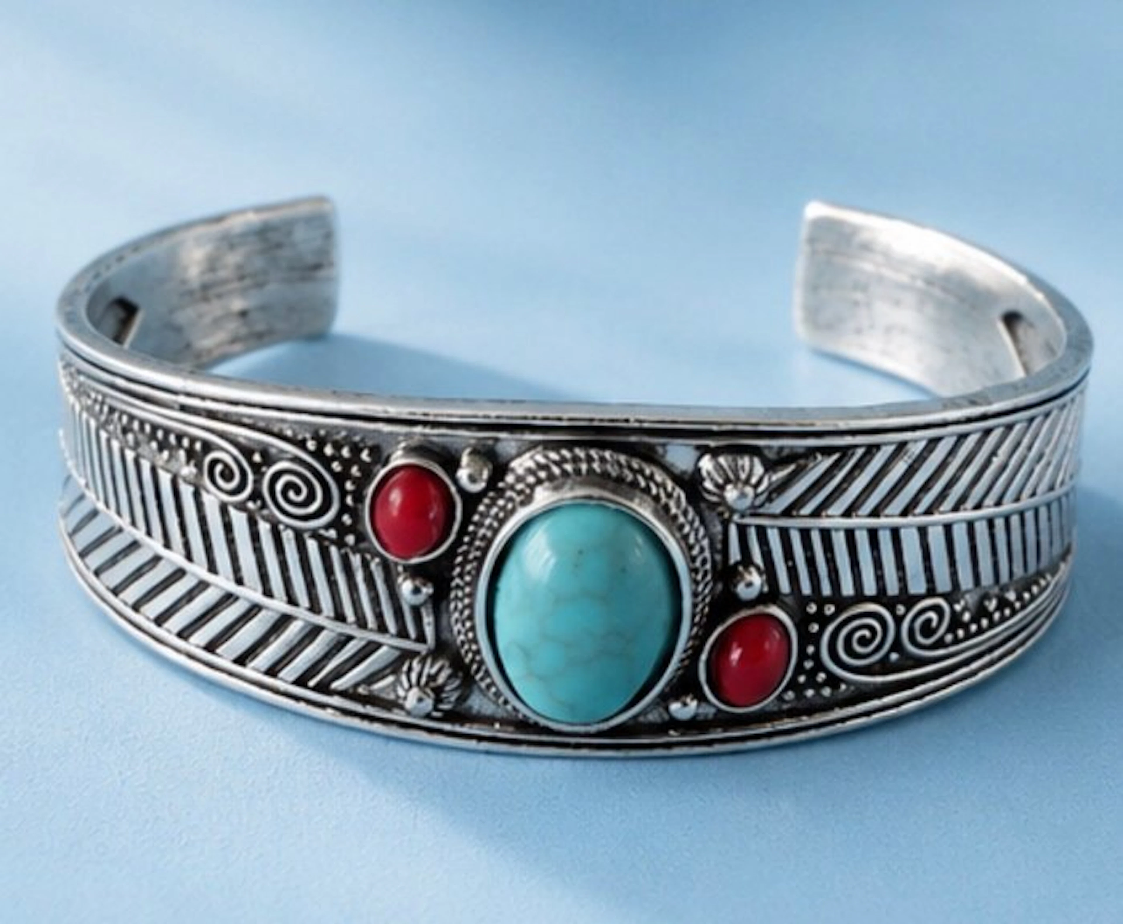 Vintage Turquoise and Coral Silverplated Cuff Bracelet - Bracelet