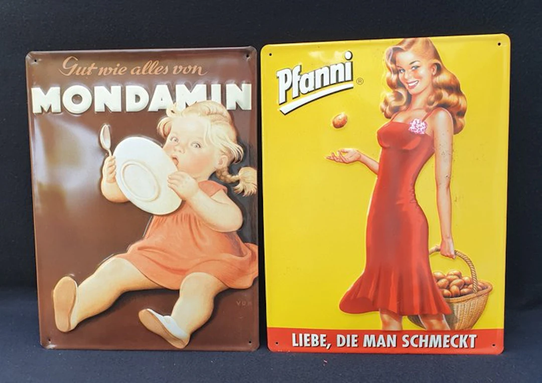 Enamel sign (2) - Two large old tin advertising signs, MONDAMIN and PFANNI.
