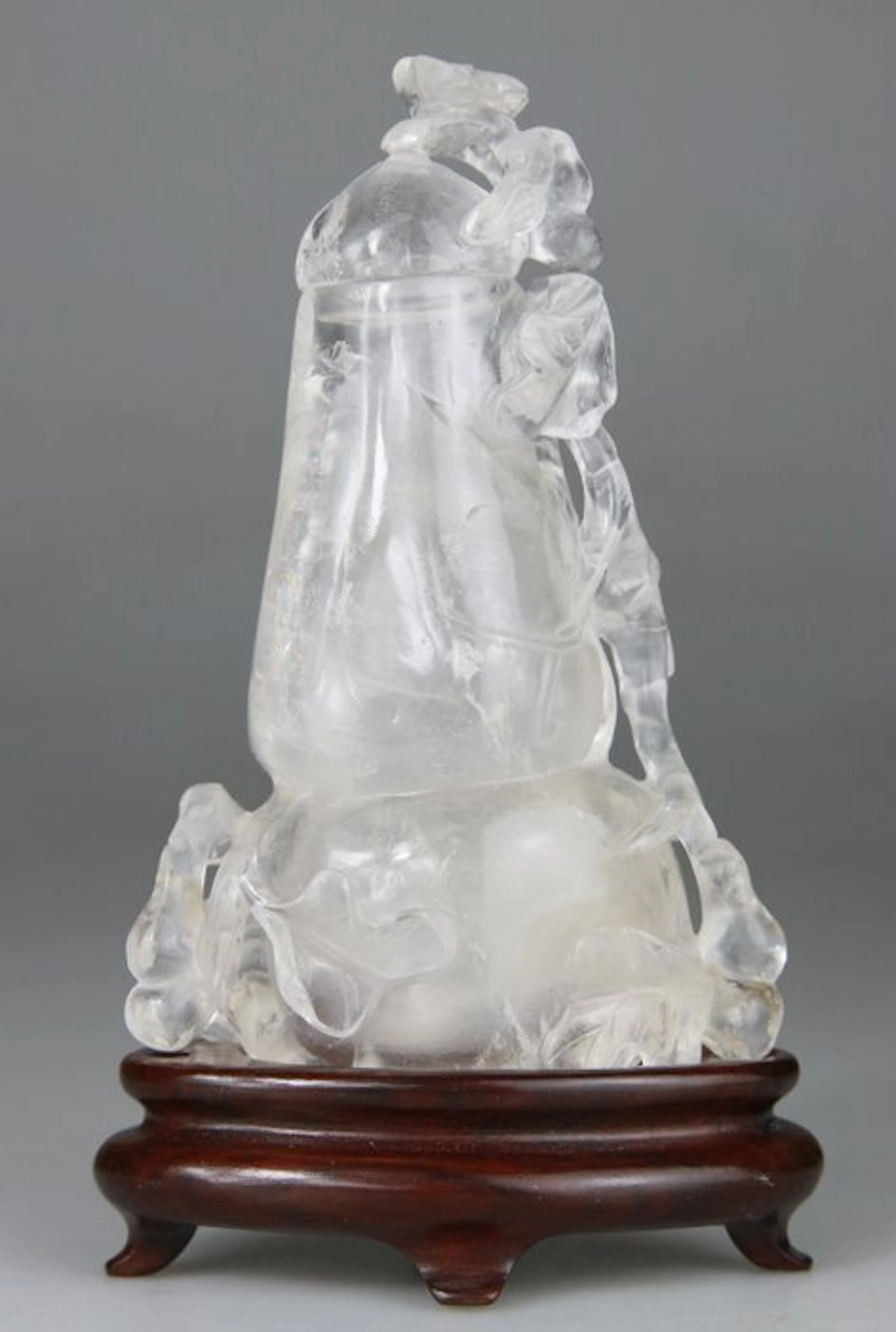 Chinese Carved Vase - Lid - Rosewood Base - Quartz...