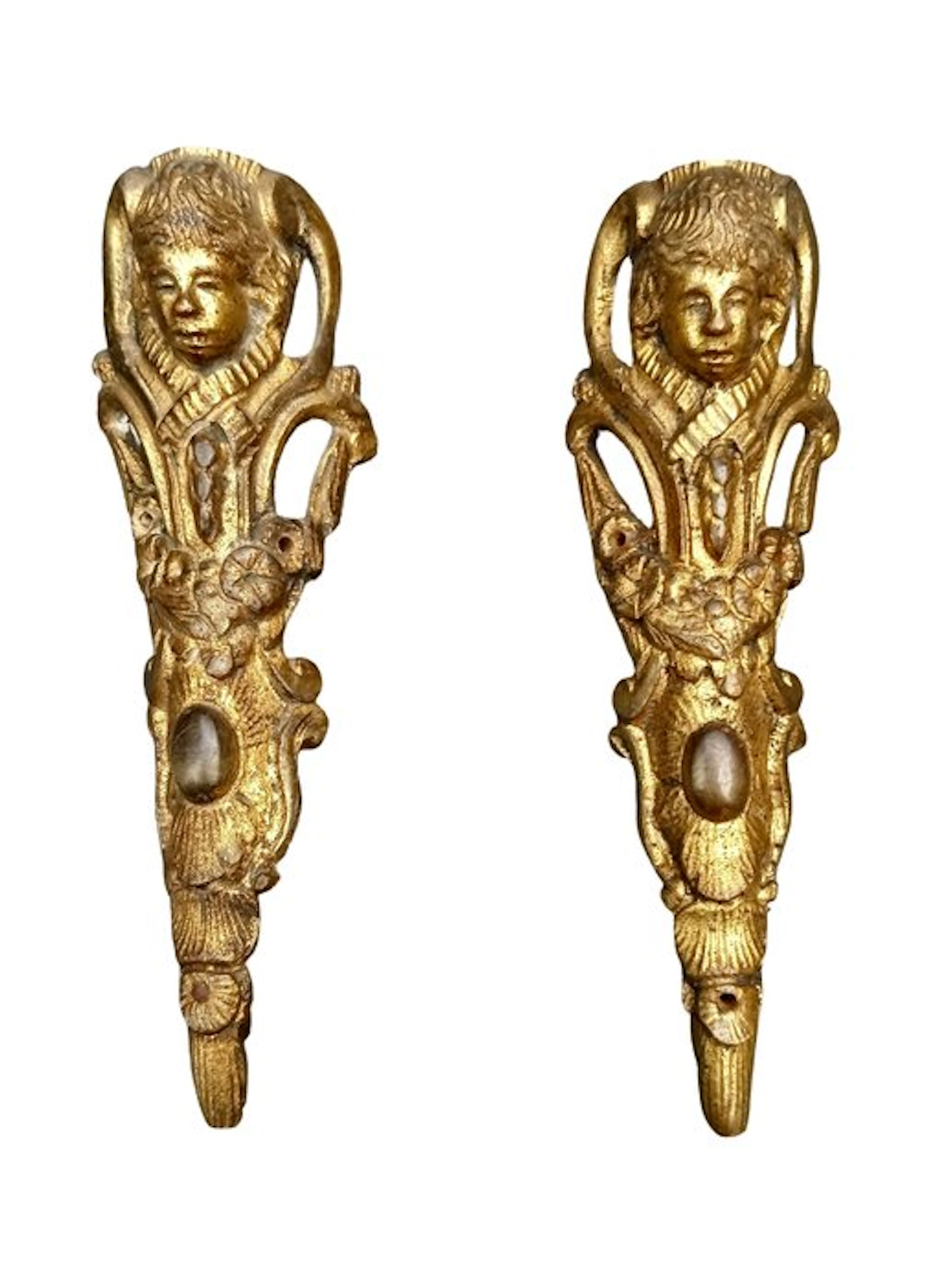 Pair of wall ornaments depicting putti - 15 cm (2) - Gilt bronze - 1850-1900