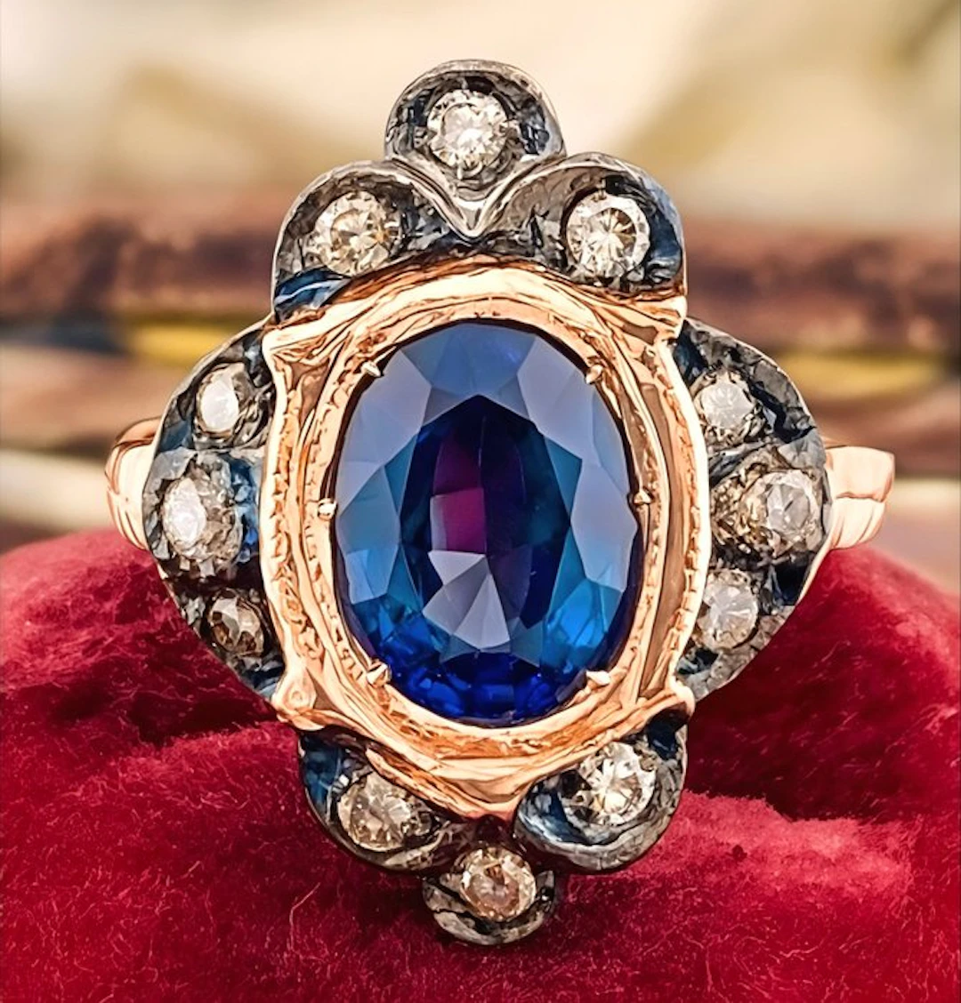 No reserve price - Ring - 9 kt. Rose gold, Silver Sapphire - Diamond