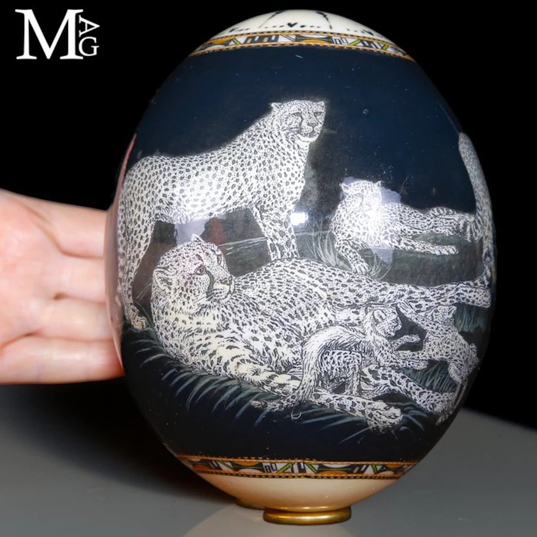 Finely Hand-Decorated Ostrich Egg - Leopard Family Scene...