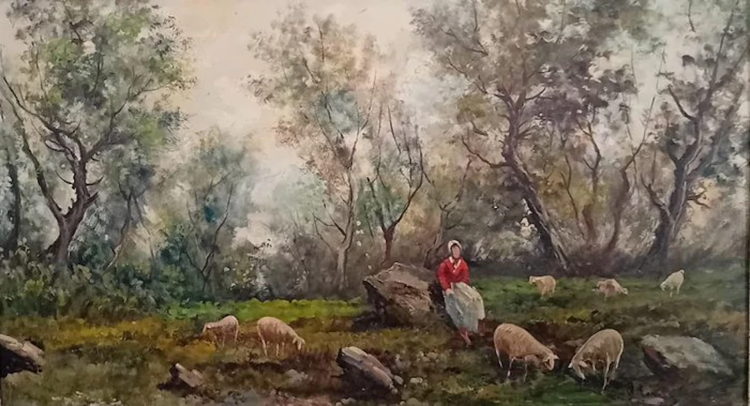Antonio Comitale (XIX-XX) - Gregge di pecore in oliveto