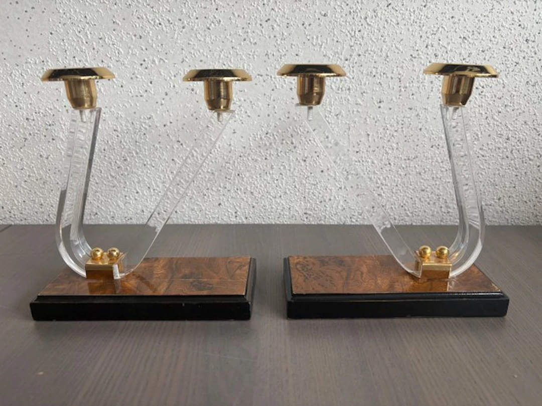 Candleholder (2) - Brass - clear Lucite candlesticks