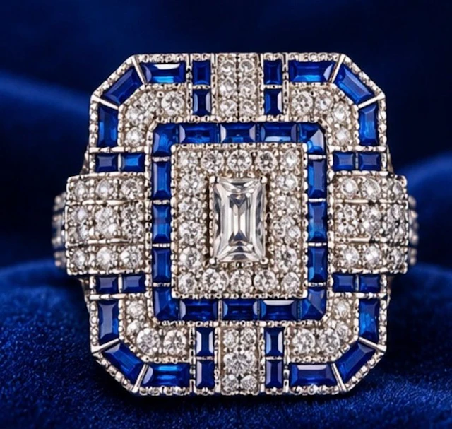 Stunning Architectural pavè Blue & White 925 silver Ring - Ring