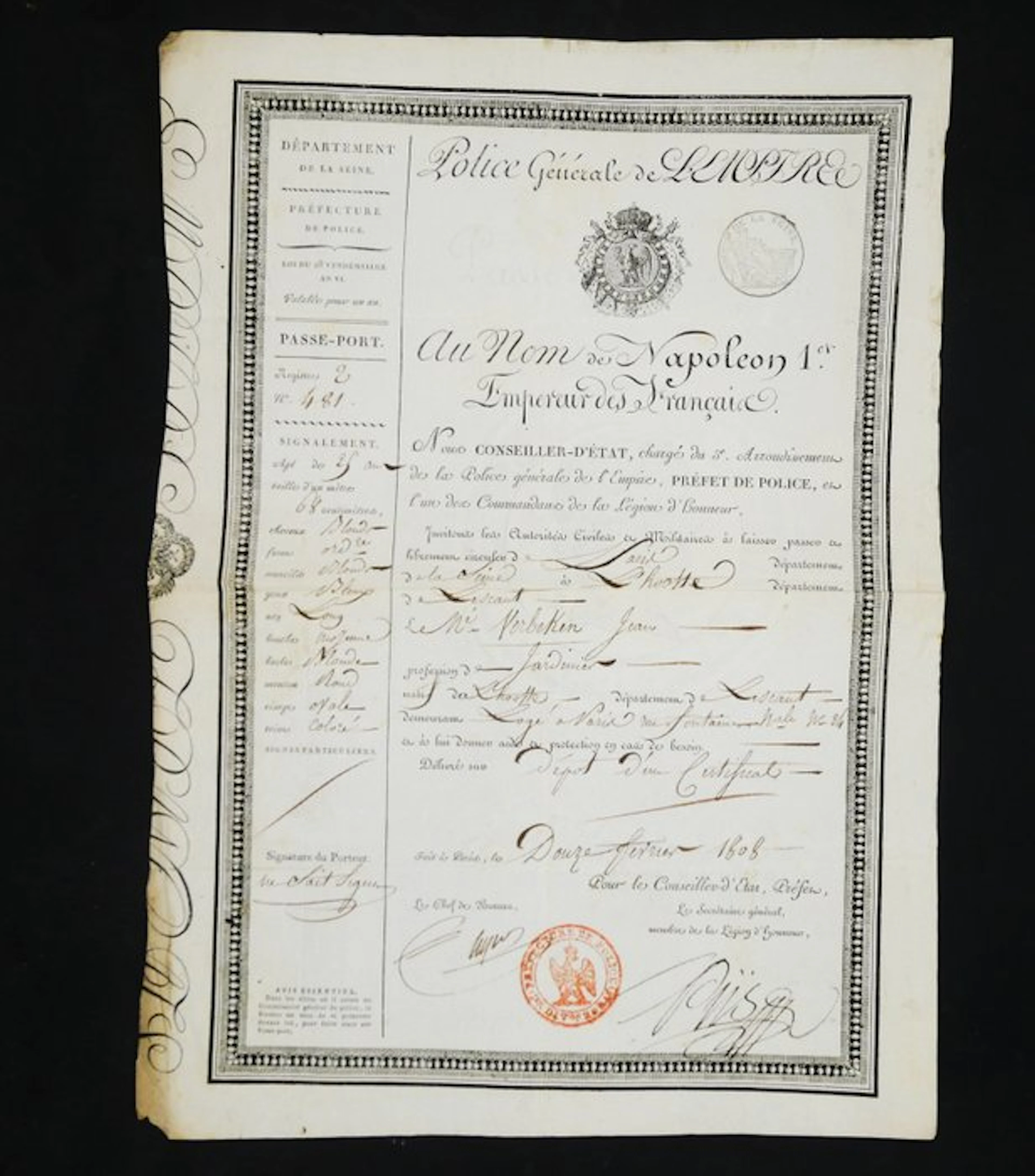 [Napoléon Bonaparte] - Passeport sous l'Empire - Chevalier de Piis - 1808